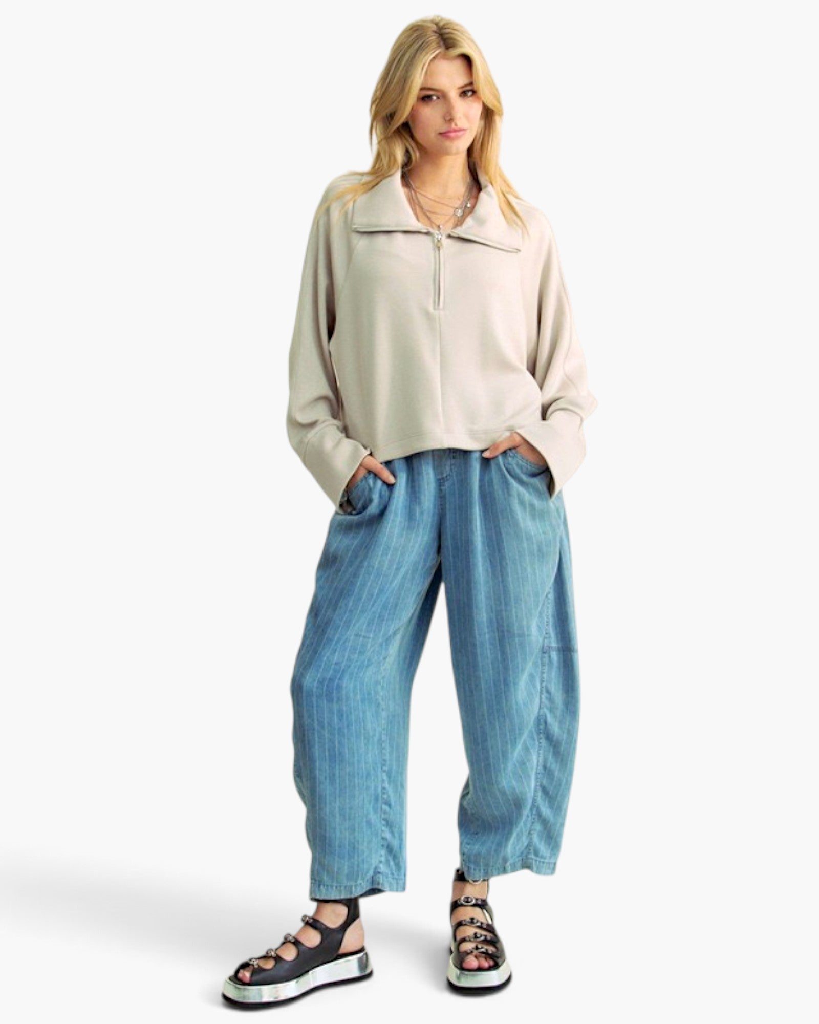 Warm Gray Quarter-Zip Drawstring Pullover