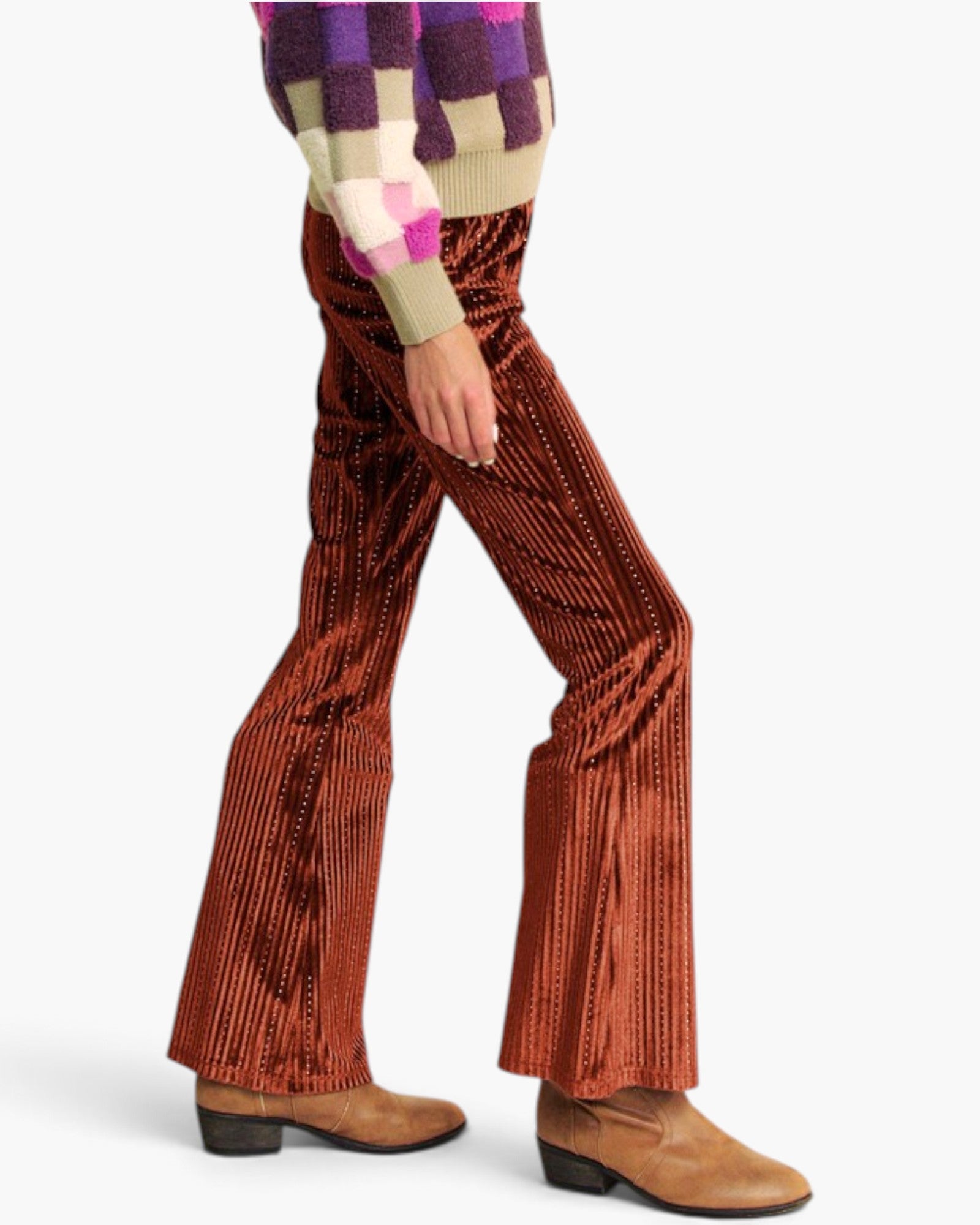 Rust Embellished Velvet Flare Pants
