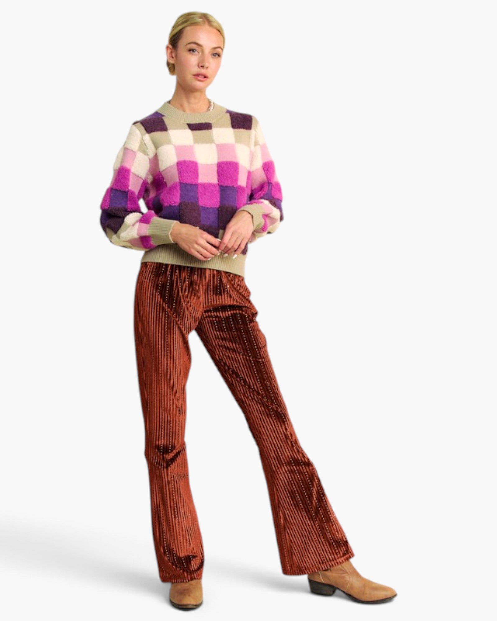 Rust Embellished Velvet Flare Pants