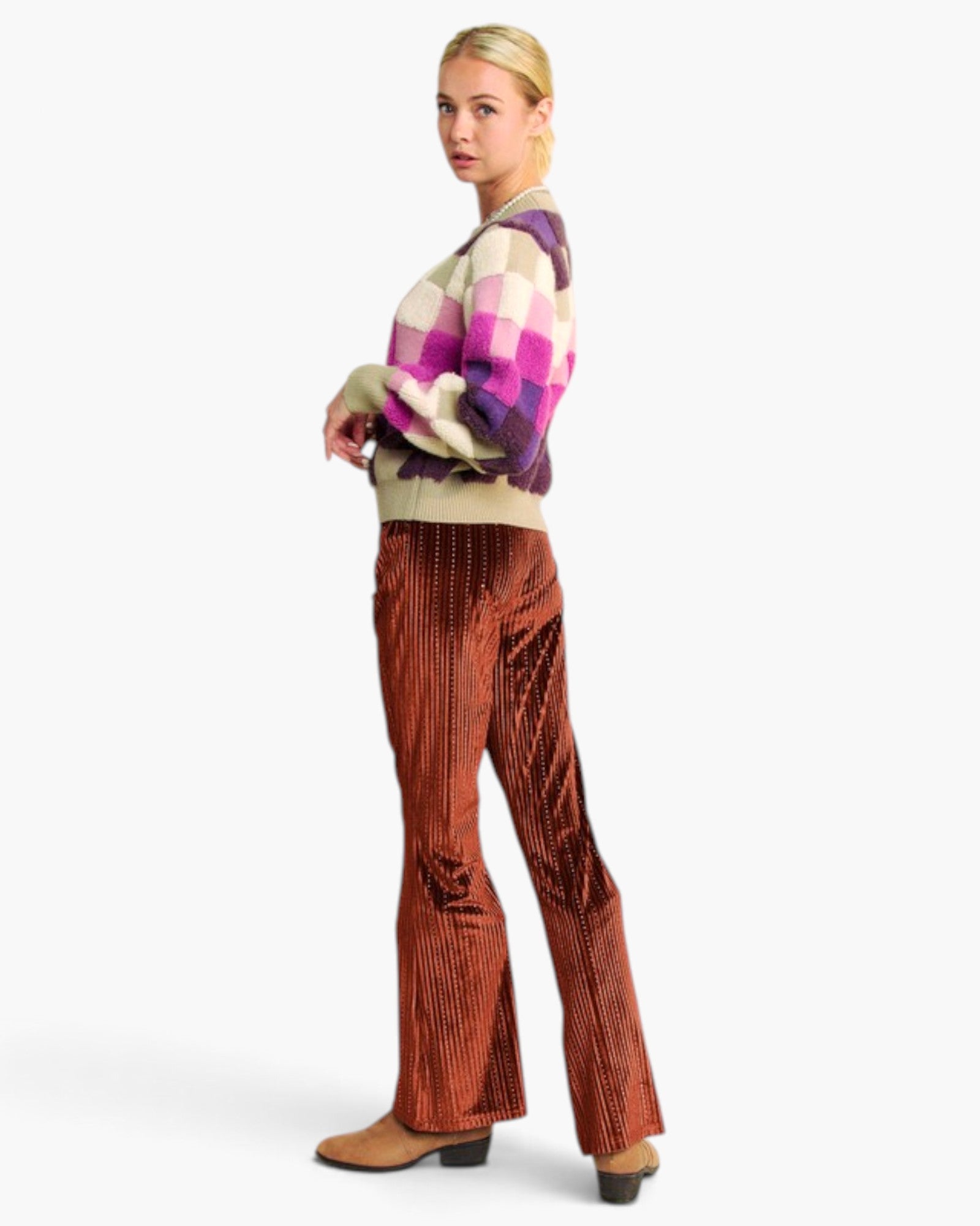 Rust Embellished Velvet Flare Pants