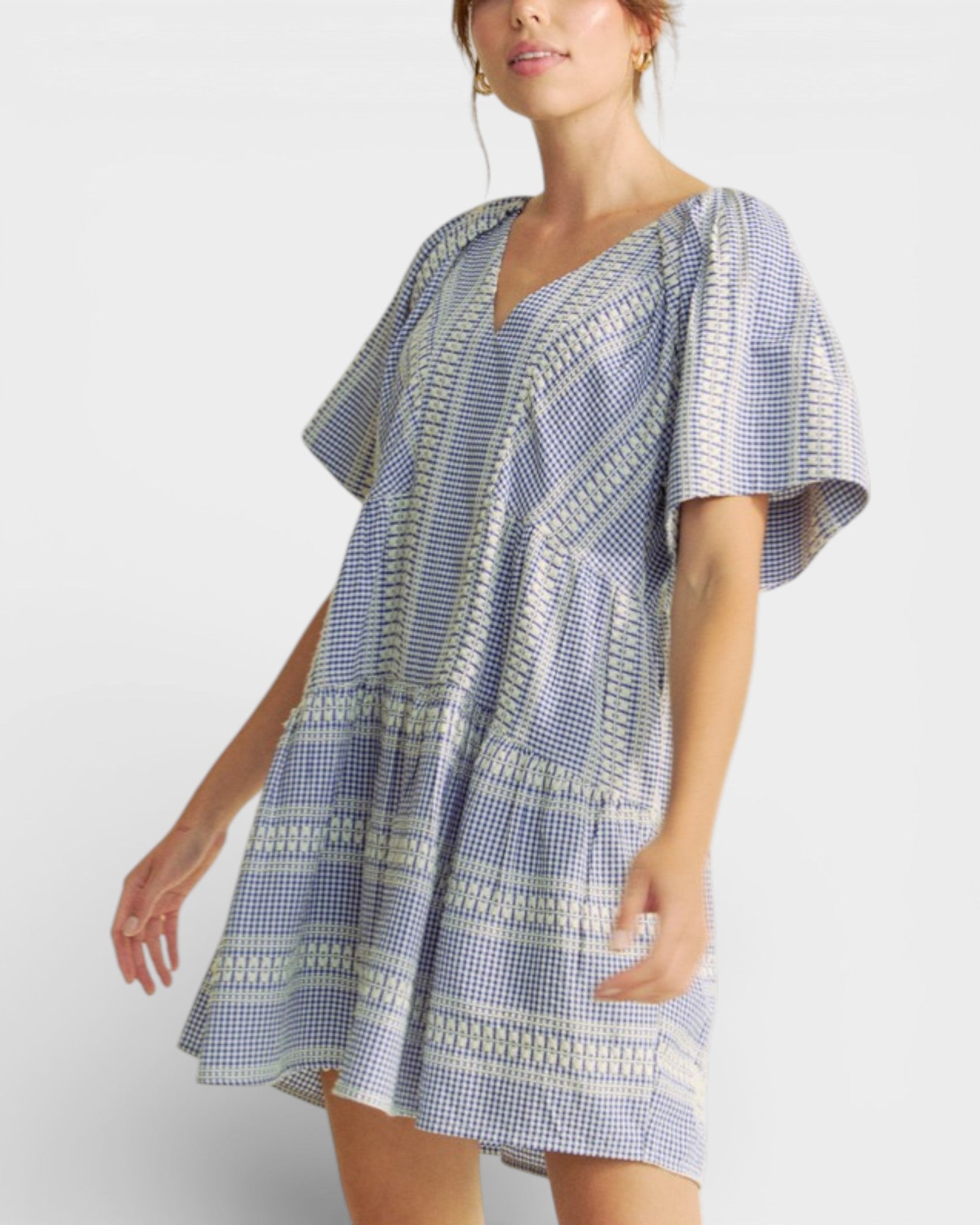 Woman wearing a blue and white patterned dress on a white background