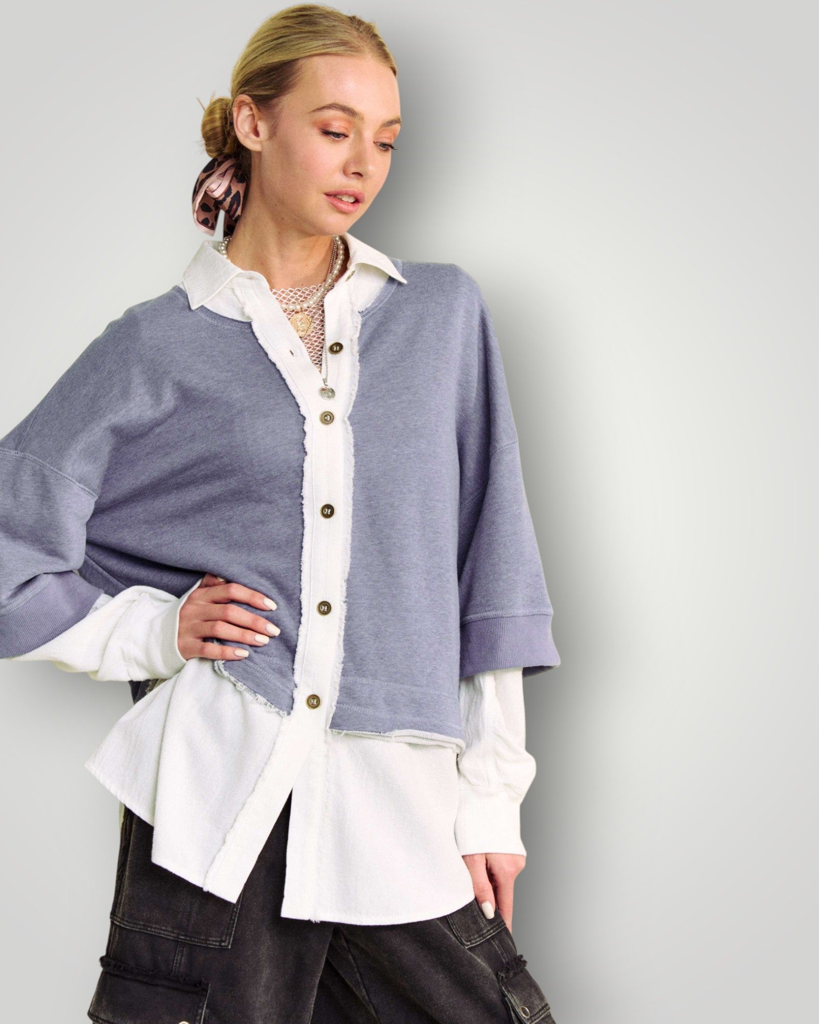 Denim Blue Layered Button Front Top