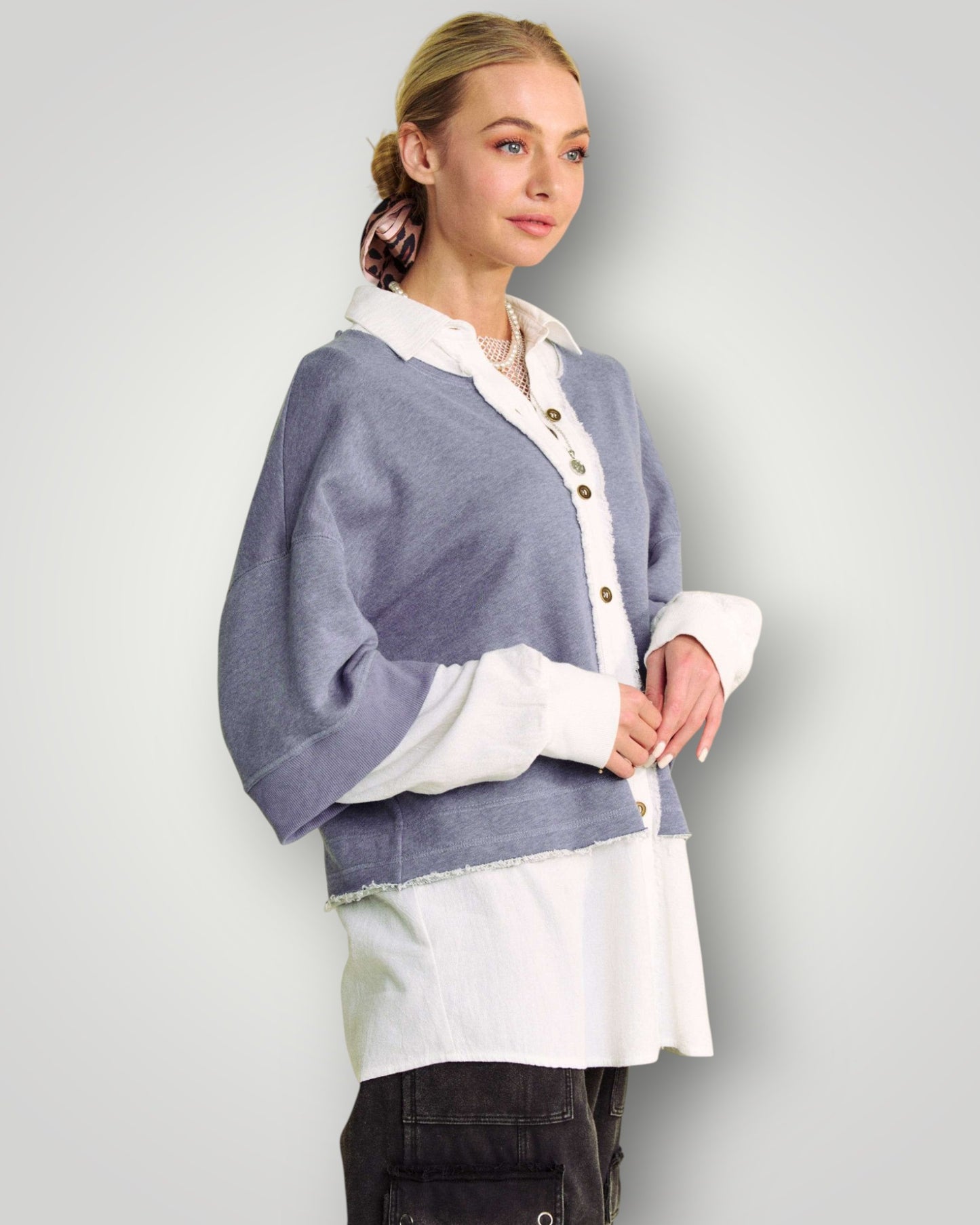 Denim Blue Layered Button Front Top