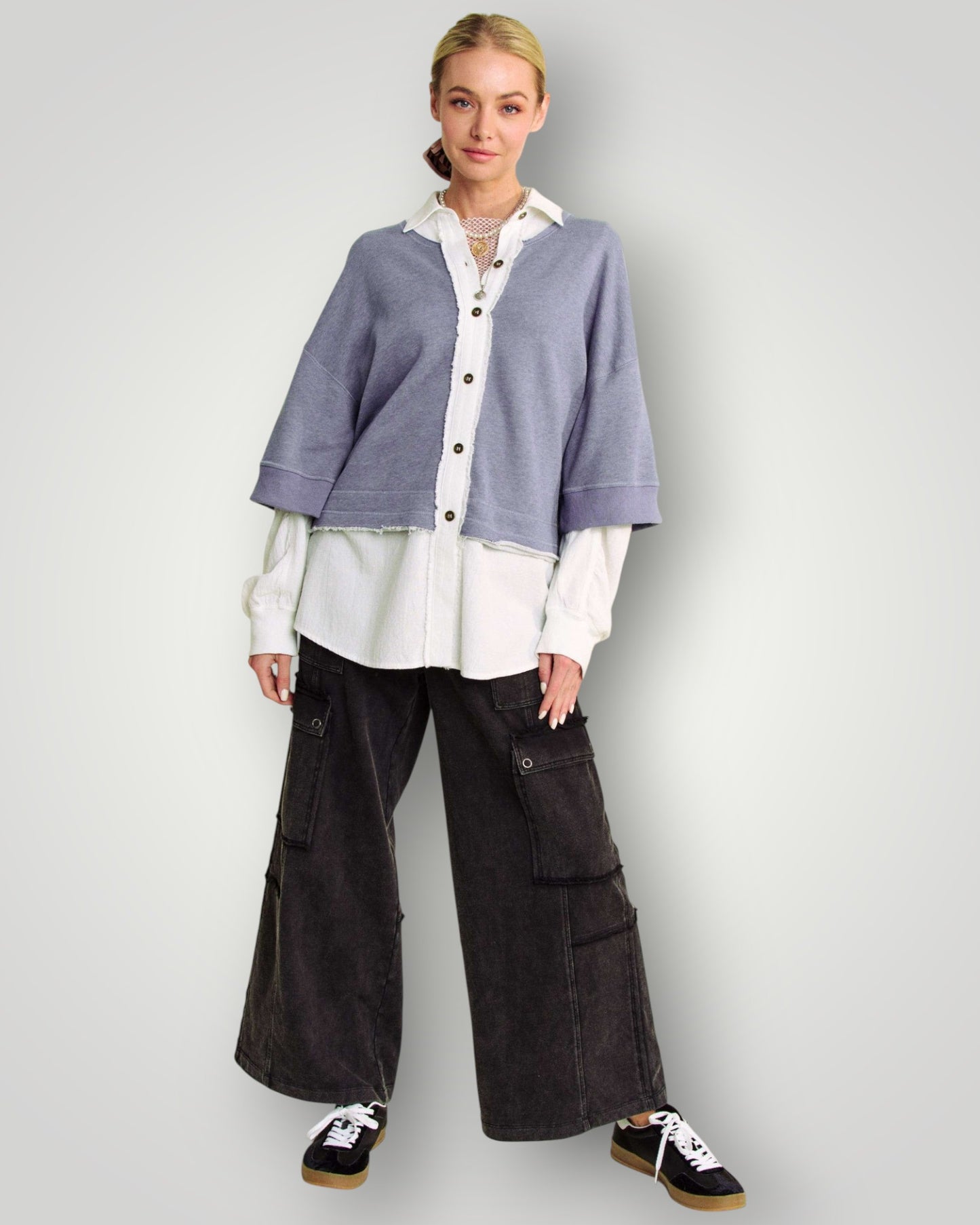 Denim Blue Layered Button Front Top