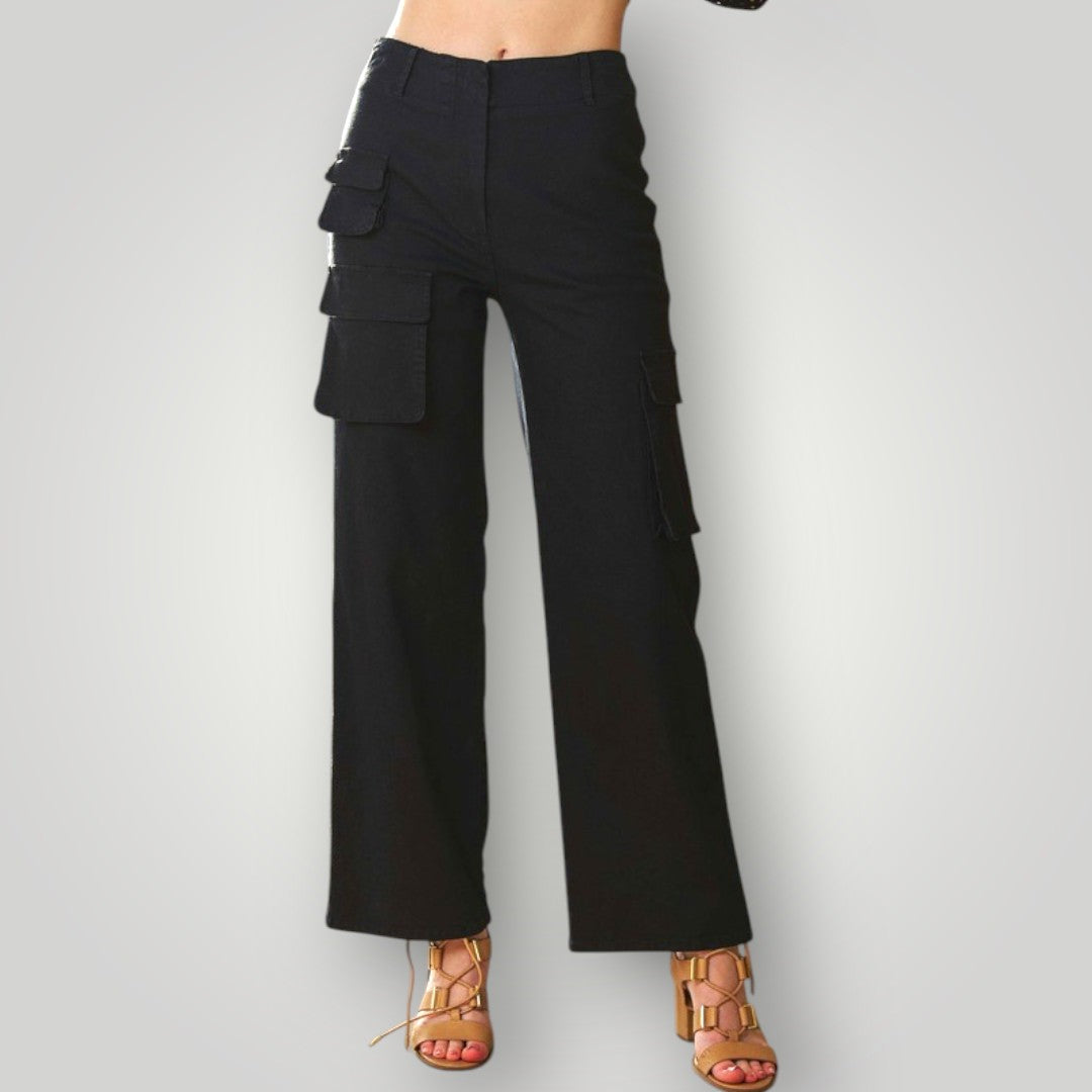 Black cargo pants worn by a person on a light gray background