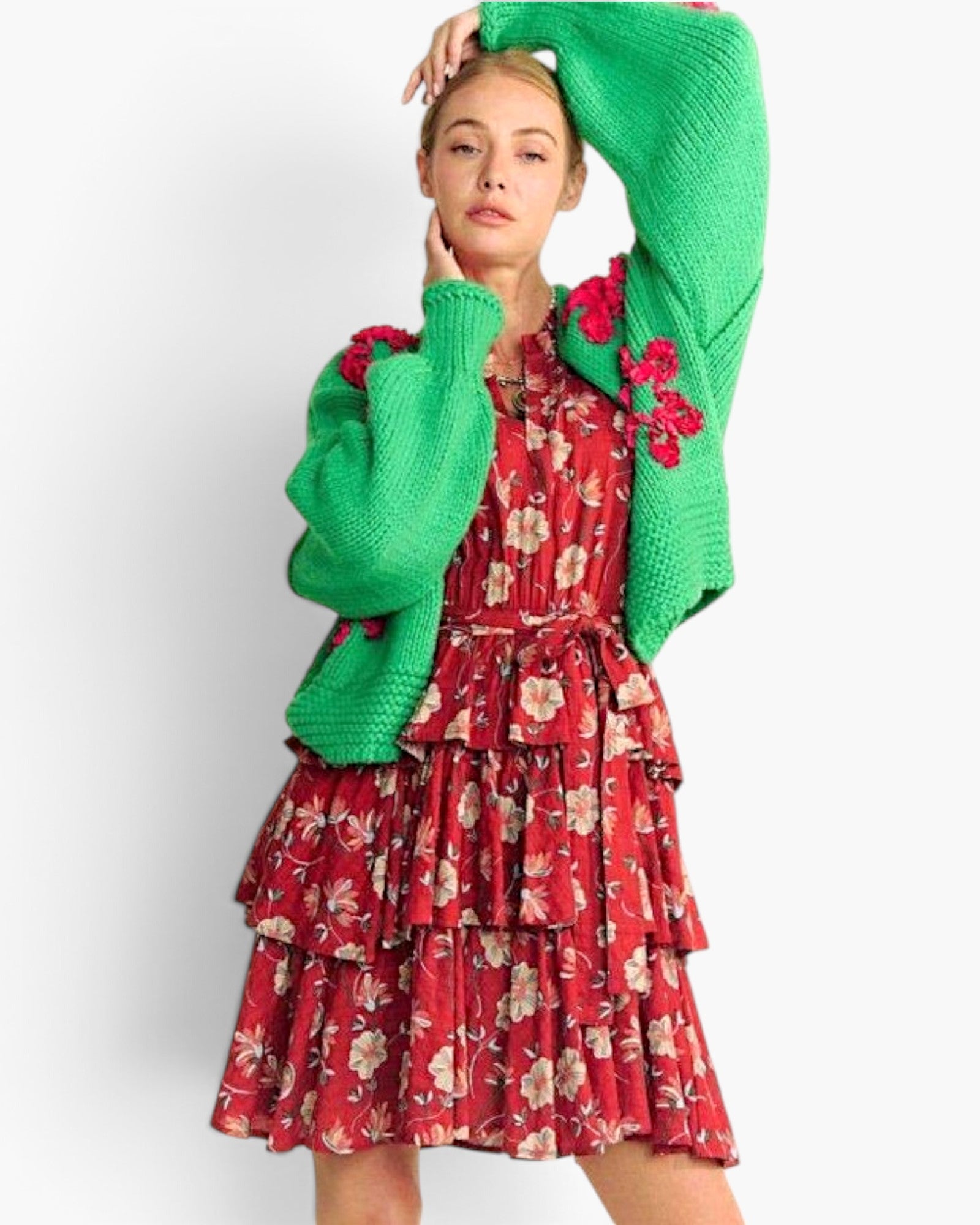 Green Floral Appliqué Open-Front Cardigan