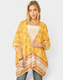 Woman wearing a yellow floral kimono-style top on a white background