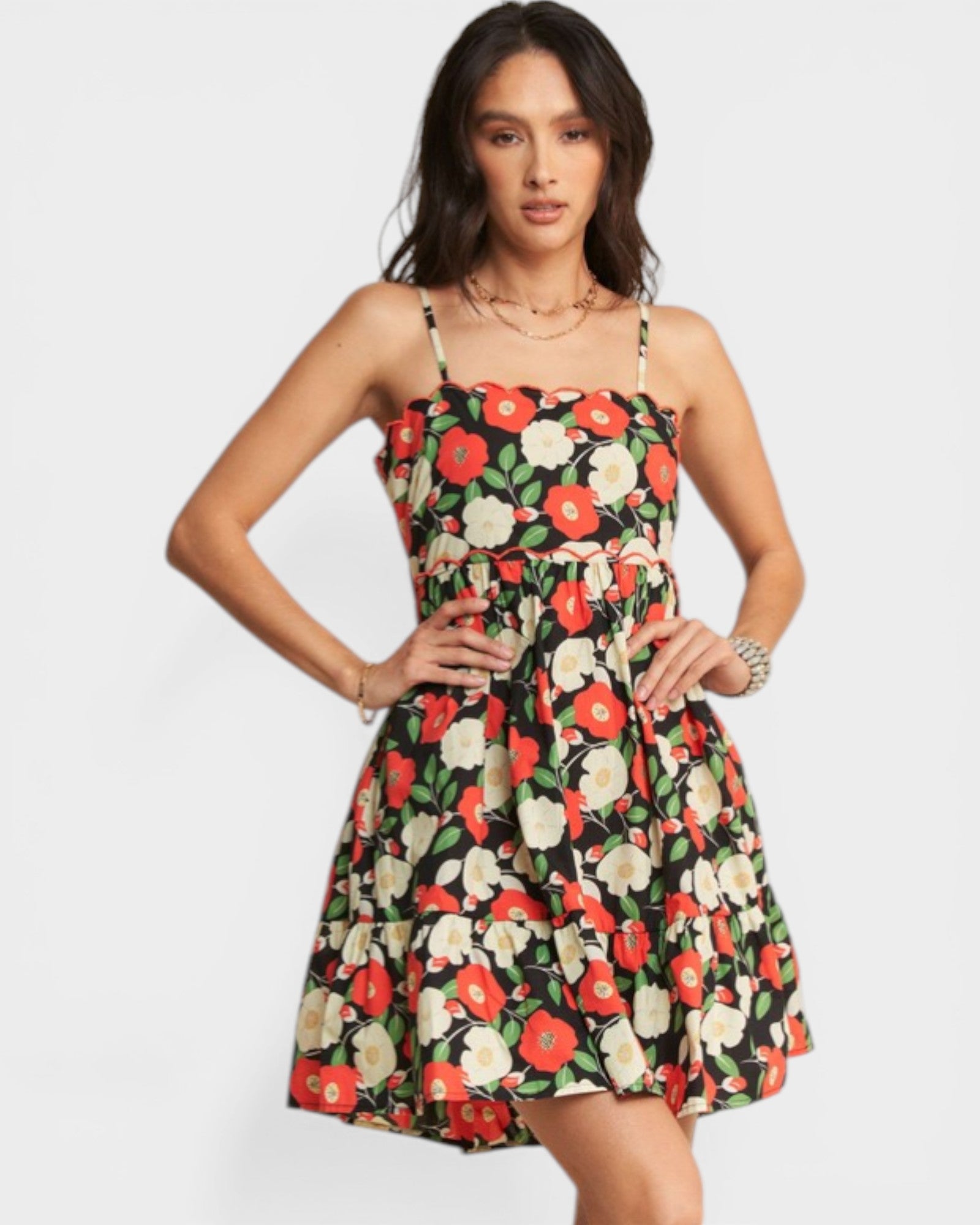 Woman wearing a floral dress on a white background