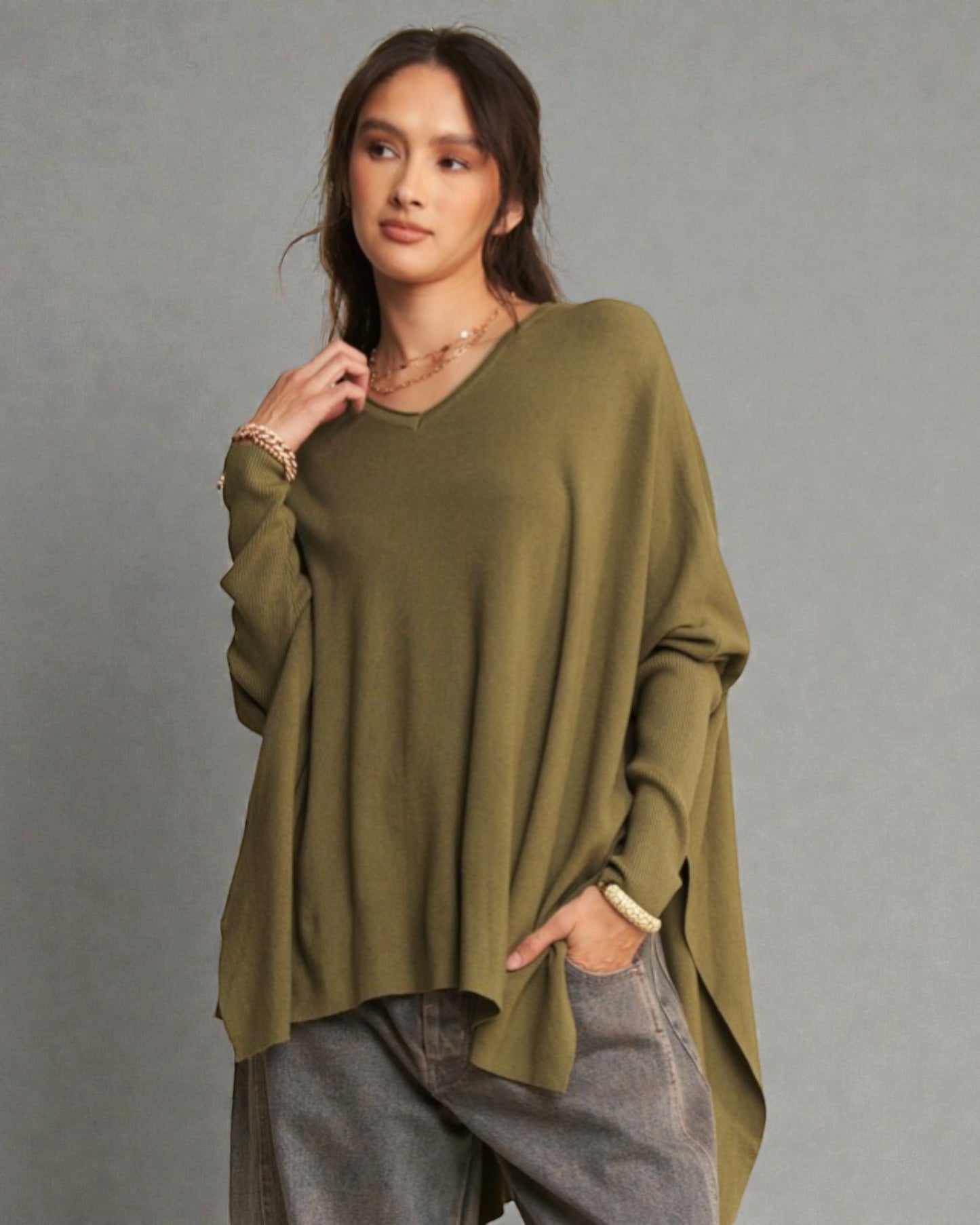 Olive V-Neck Poncho Sweater