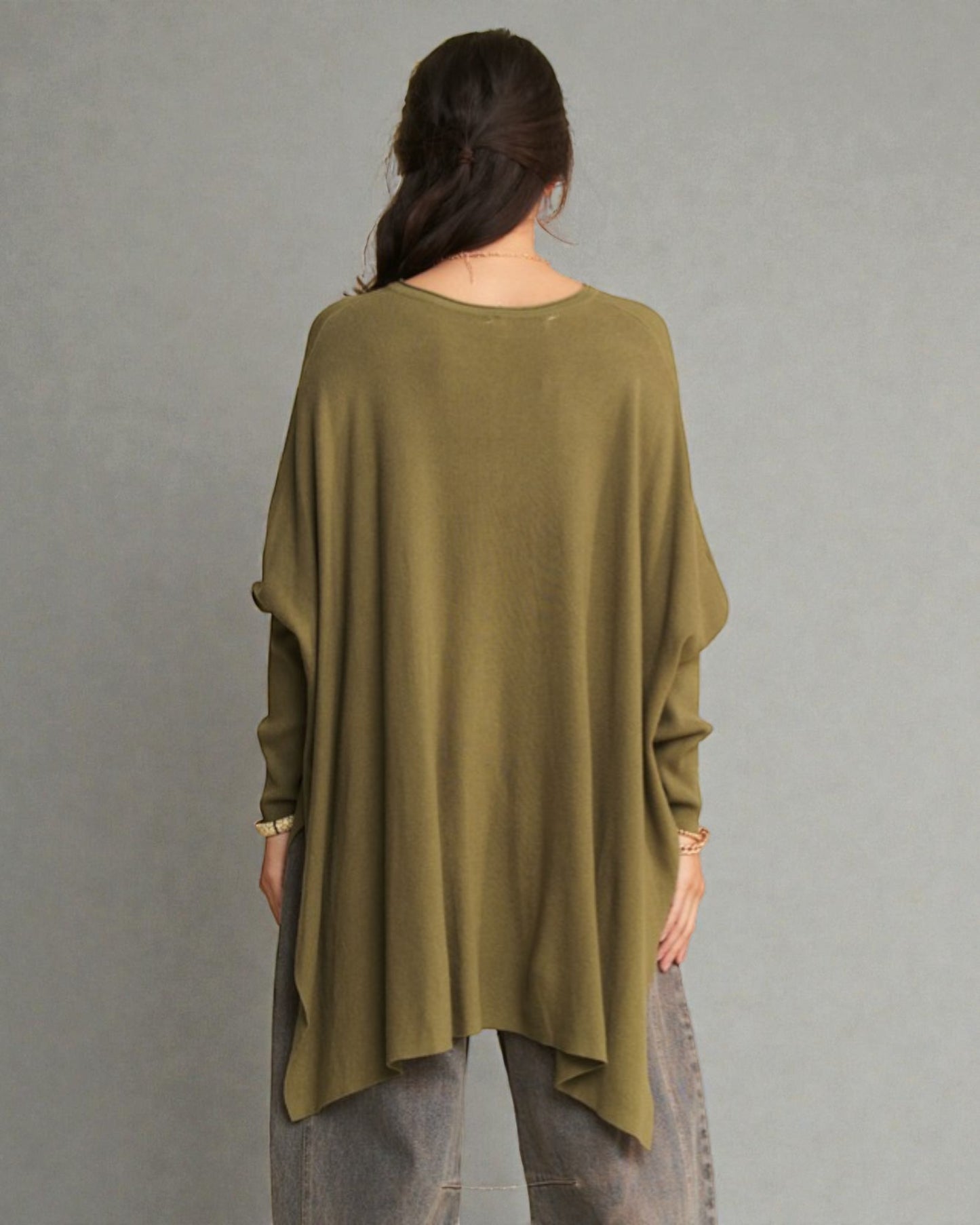 Olive V-Neck Poncho Sweater