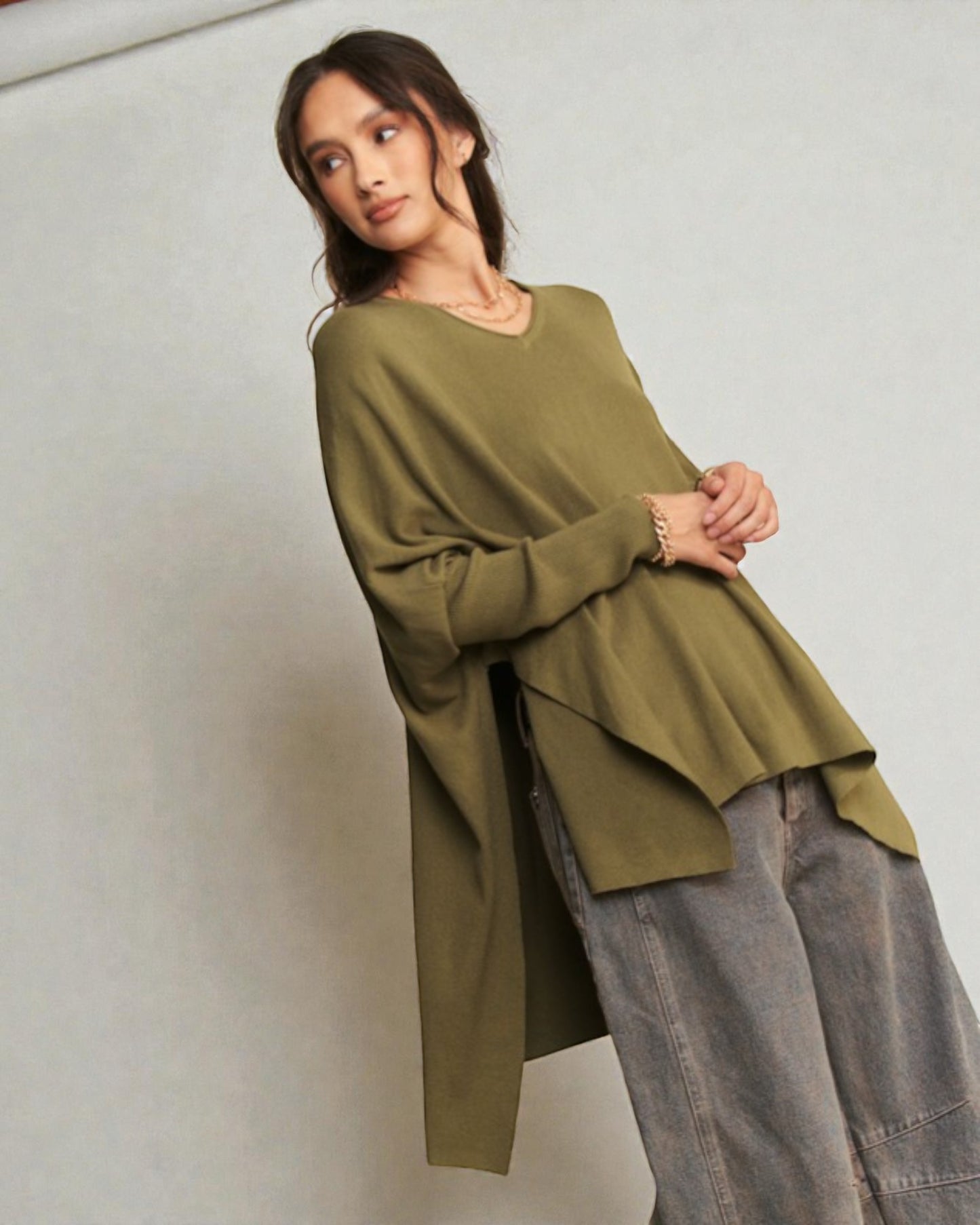 Olive V-Neck Poncho Sweater