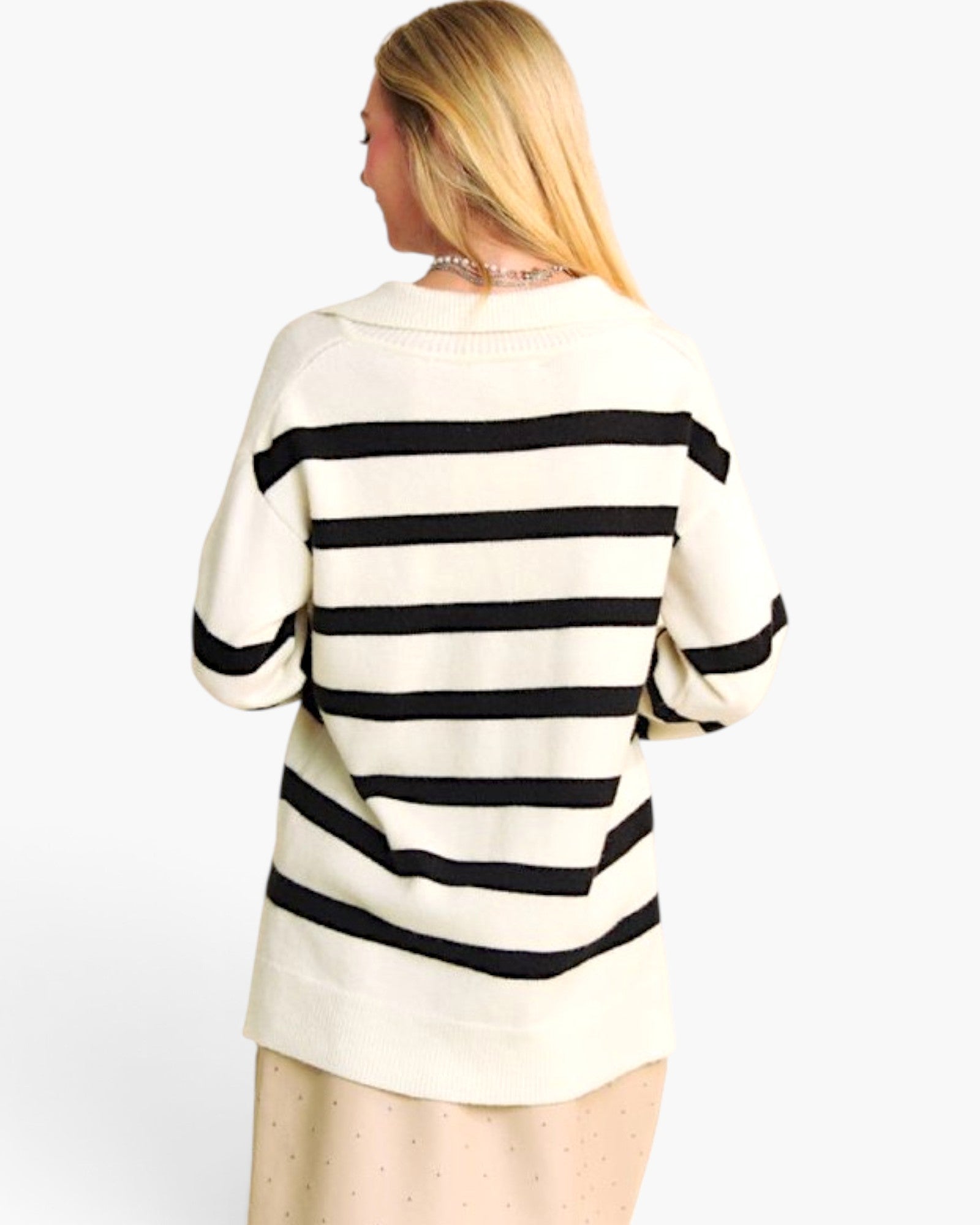 White Striped V-Neck Knit Pullover