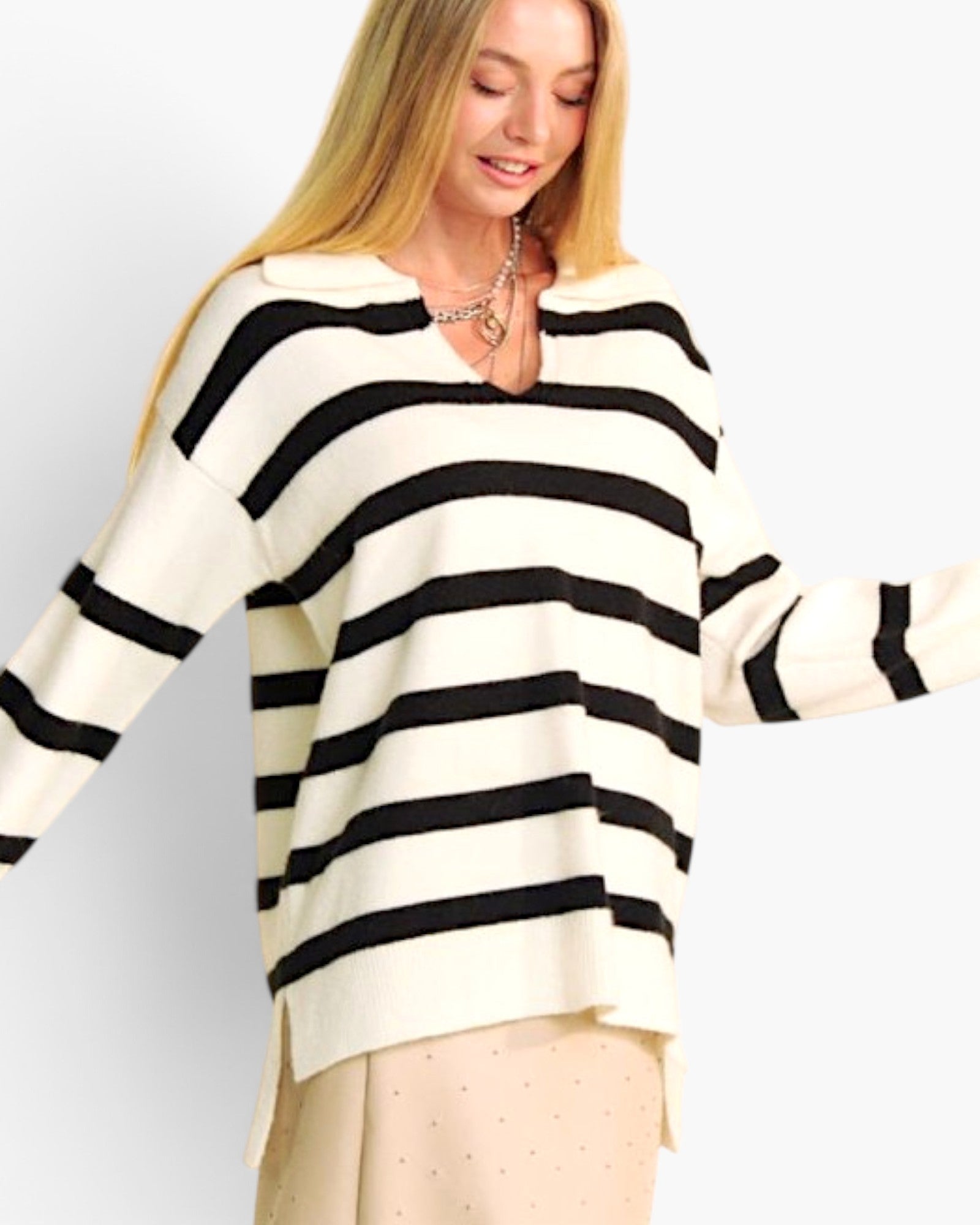 White Striped V-Neck Knit Pullover