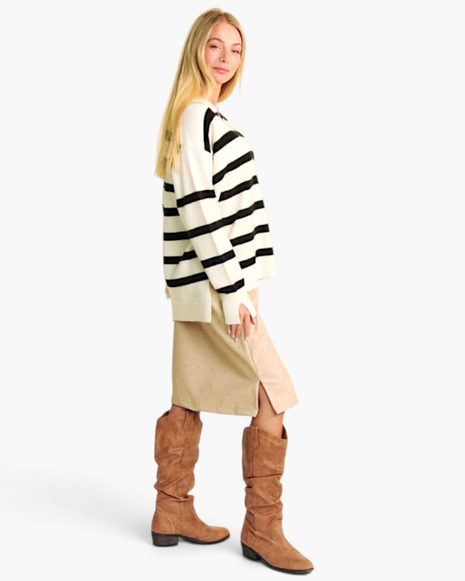 White Striped V-Neck Knit Pullover