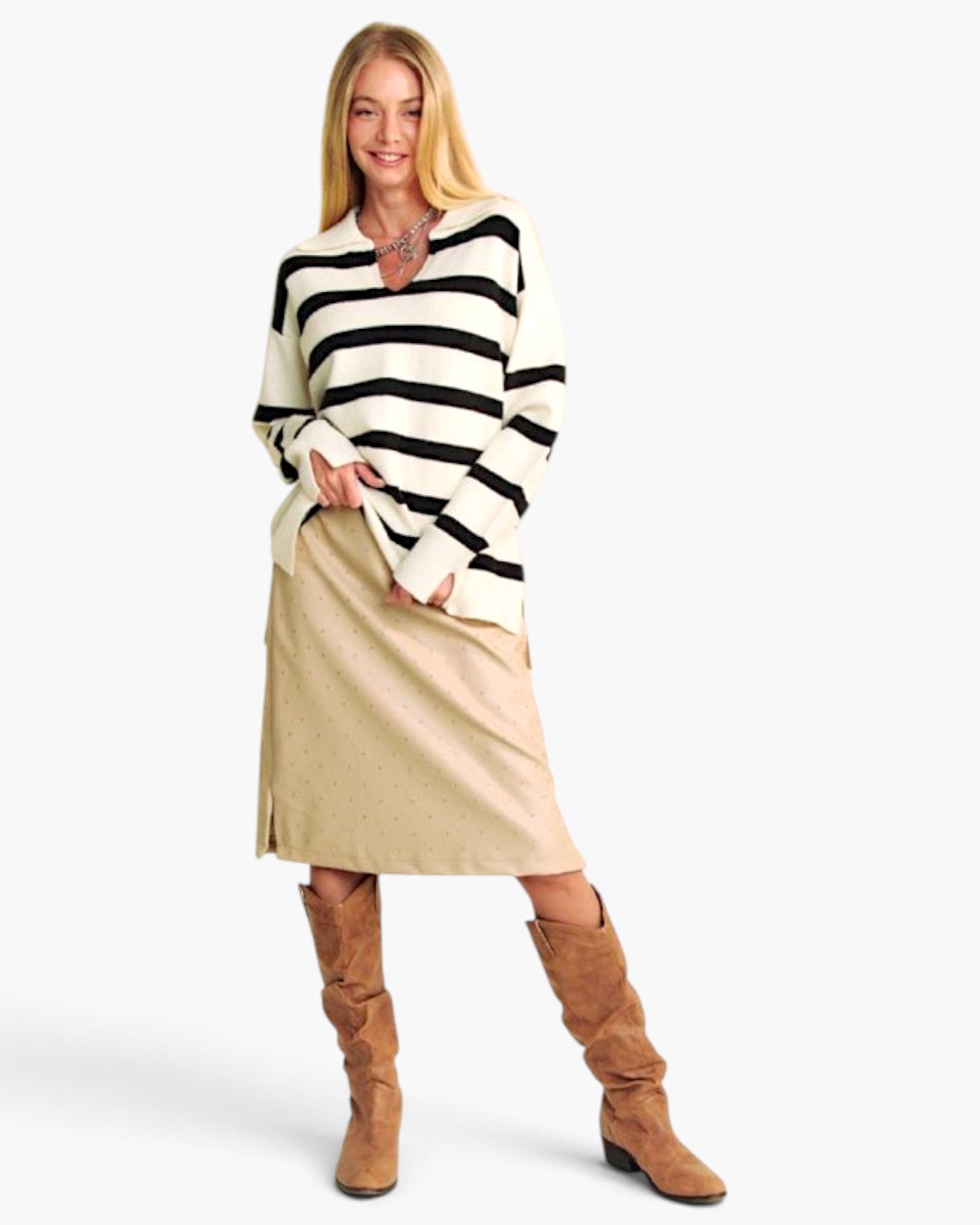 White Striped V-Neck Knit Pullover