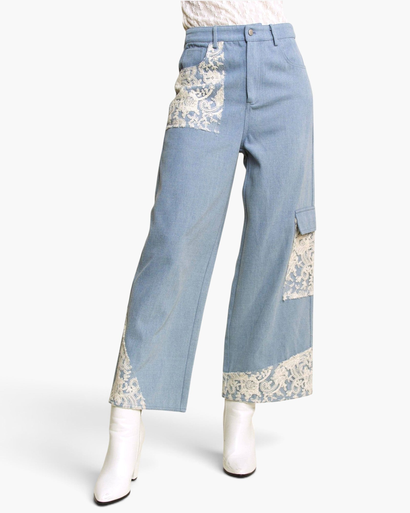 Light Wash Lace-Trim Wide-Leg Jeans