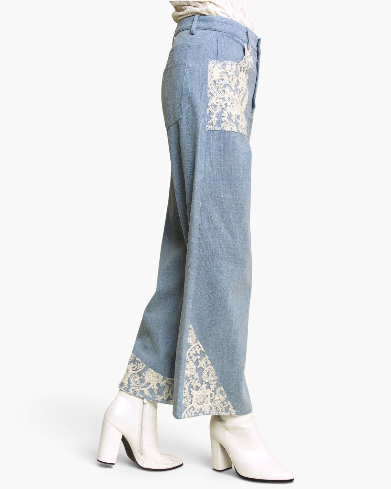 Light Wash Lace-Trim Wide-Leg Jeans