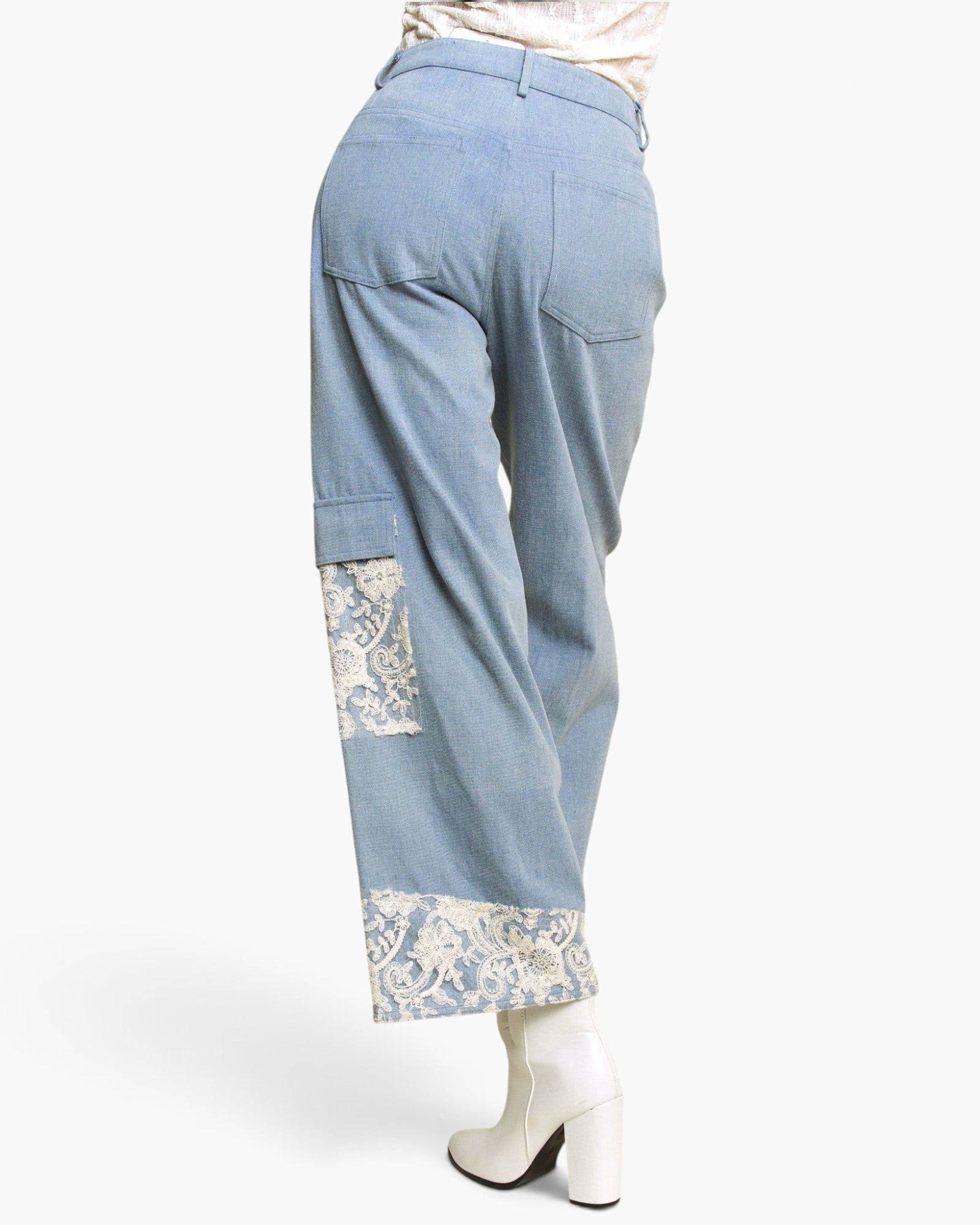 Light Wash Lace-Trim Wide-Leg Jeans