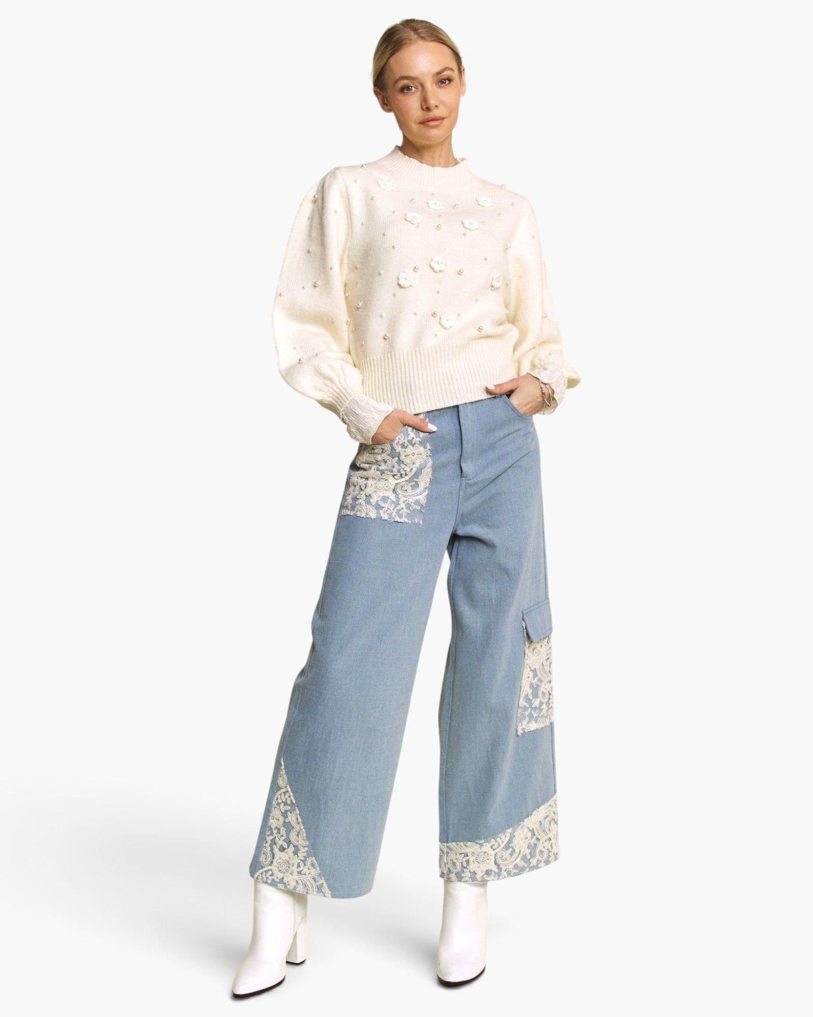Light Wash Lace-Trim Wide-Leg Jeans