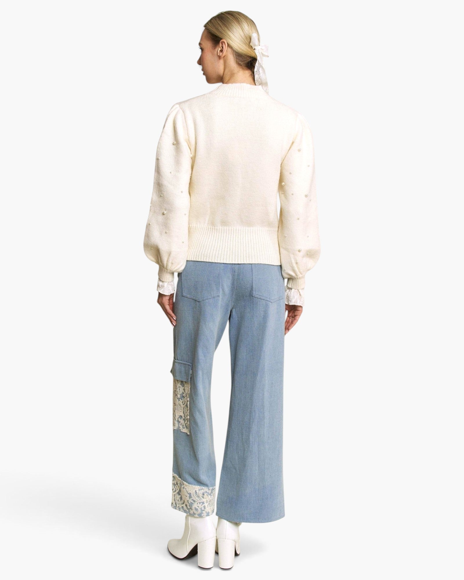 Light Wash Lace-Trim Wide-Leg Jeans
