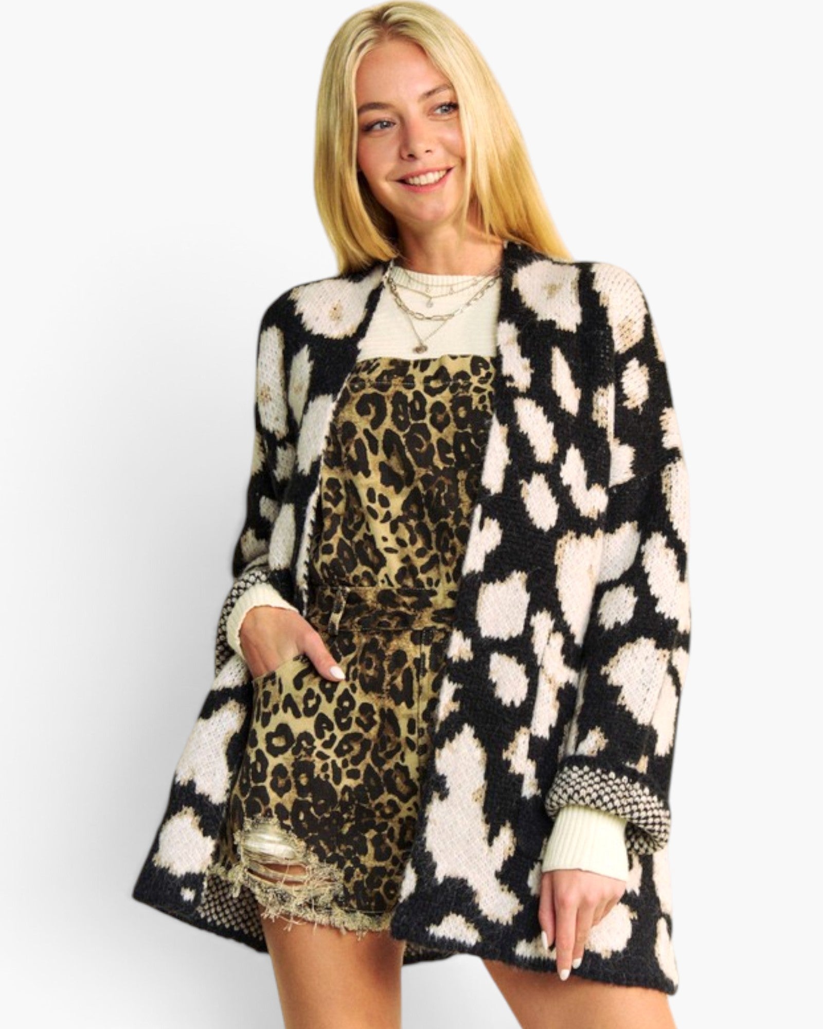Black Abstract-Print Open-Front Cardigan