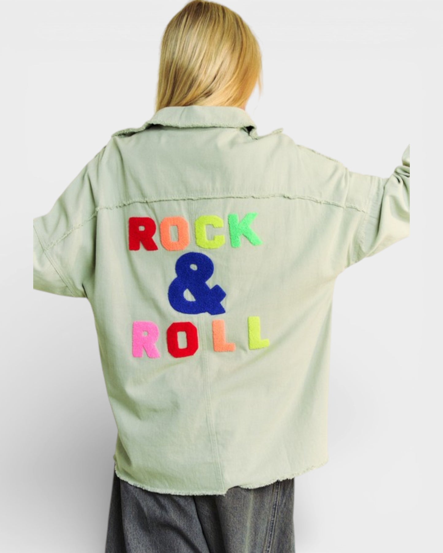 Light green jacket with 'Rock & Roll' text in colorful letters on a white background