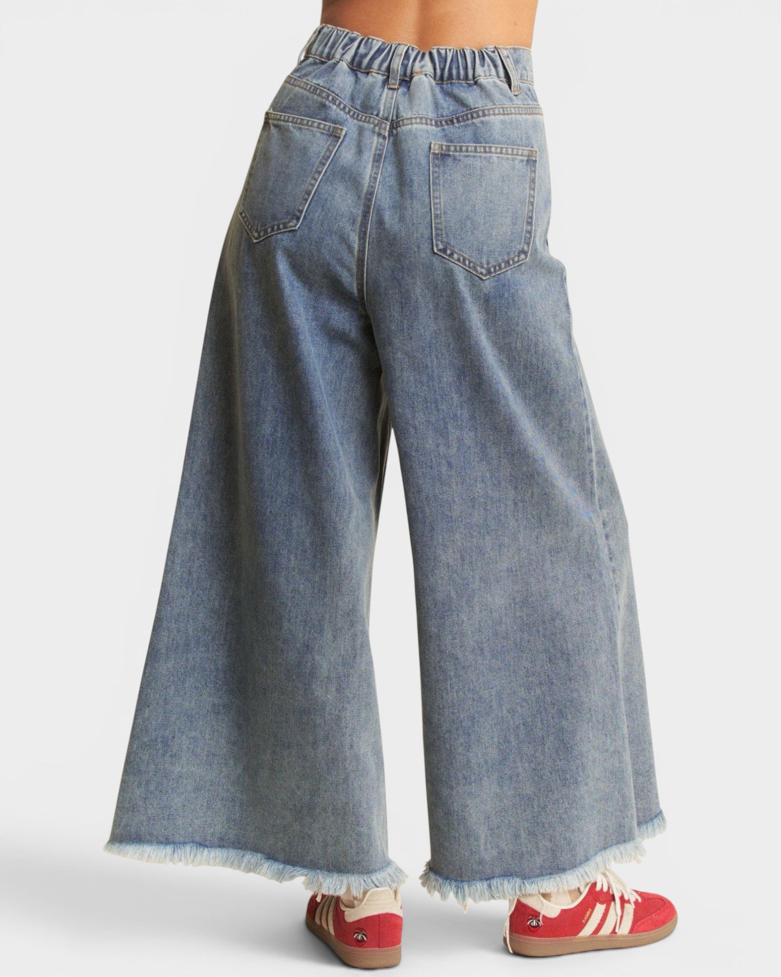 Wide-leg jeans worn by a person on a white background