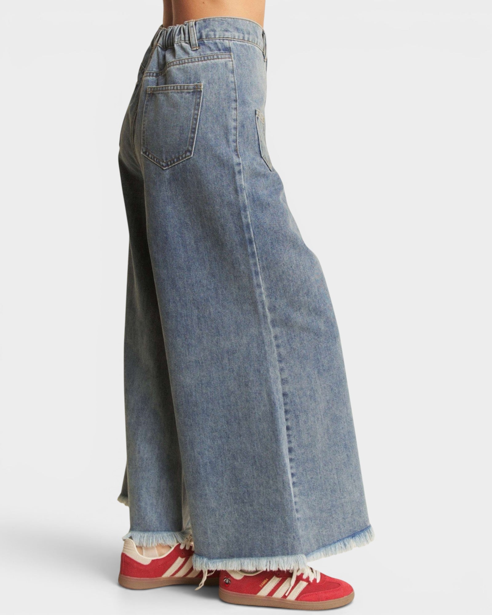 Wide-leg jeans worn by a person on a white background