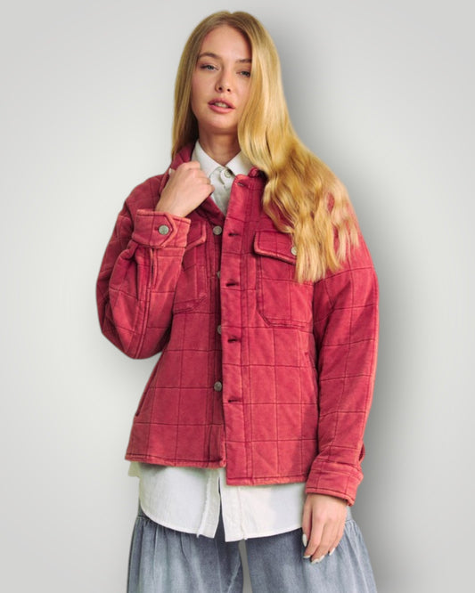 Brick Red Quilted Button Down Shacket