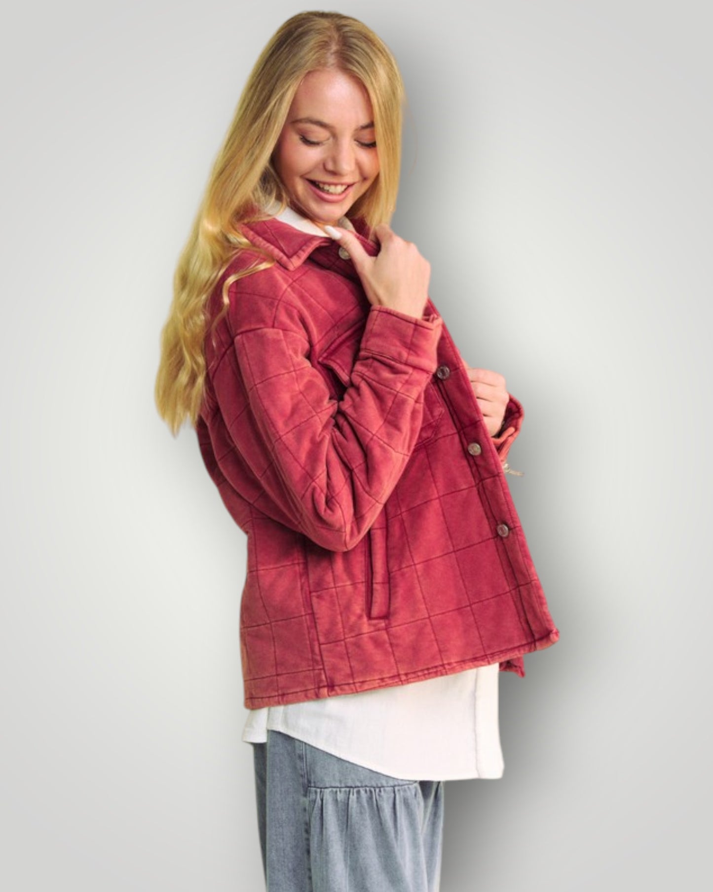 Brick Red Quilted Button Down Shacket