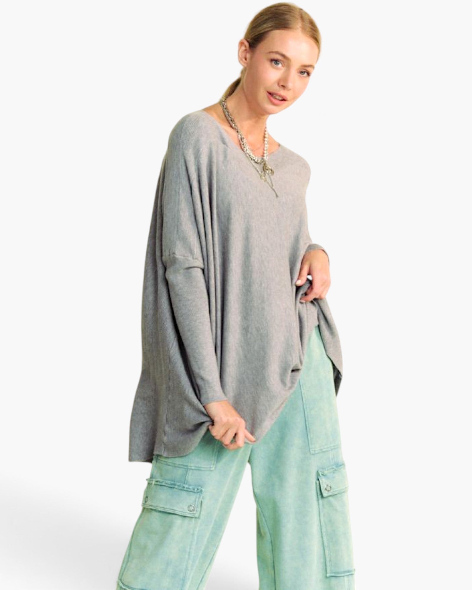 Gray Oversized Dolman-Sleeve Sweater