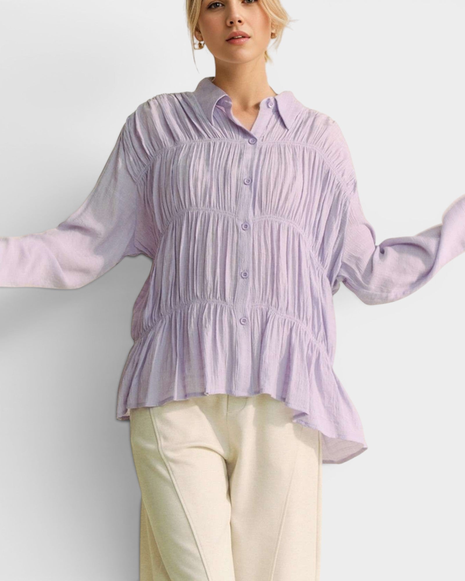 Lavender Crinkled Button Front Peplum Blouse