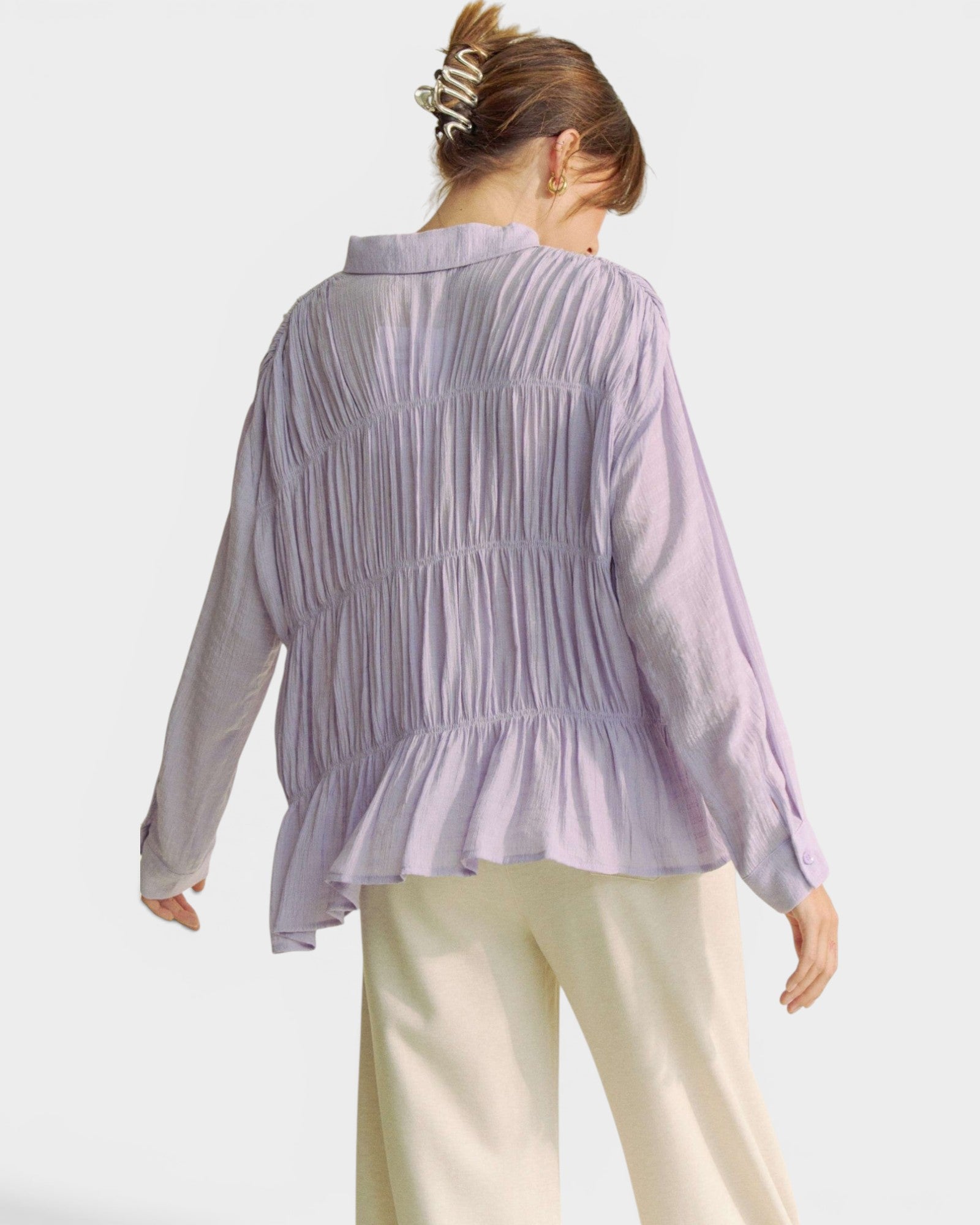 Lavender Crinkled Button Front Peplum Blouse