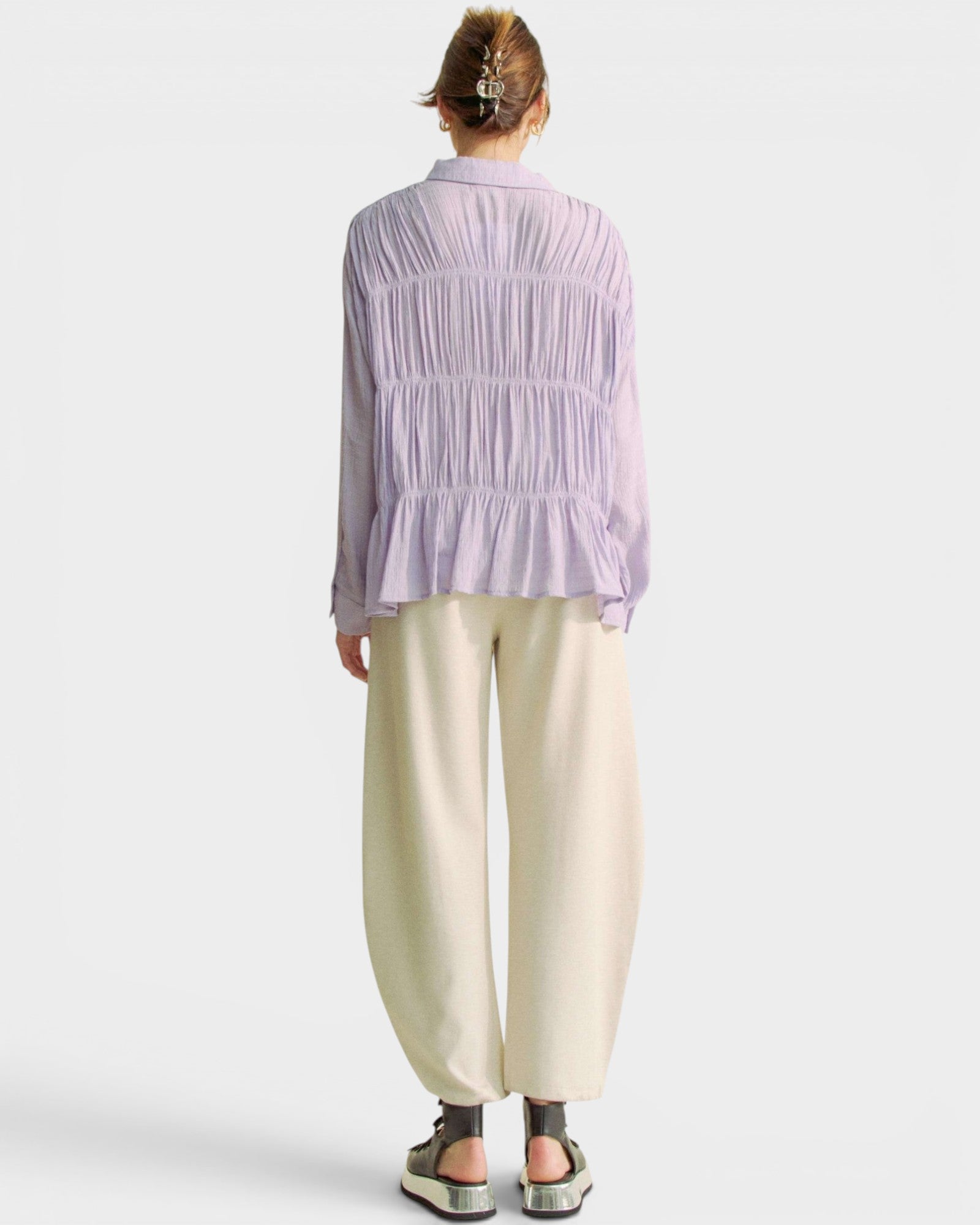 Lavender Crinkled Button Front Peplum Blouse