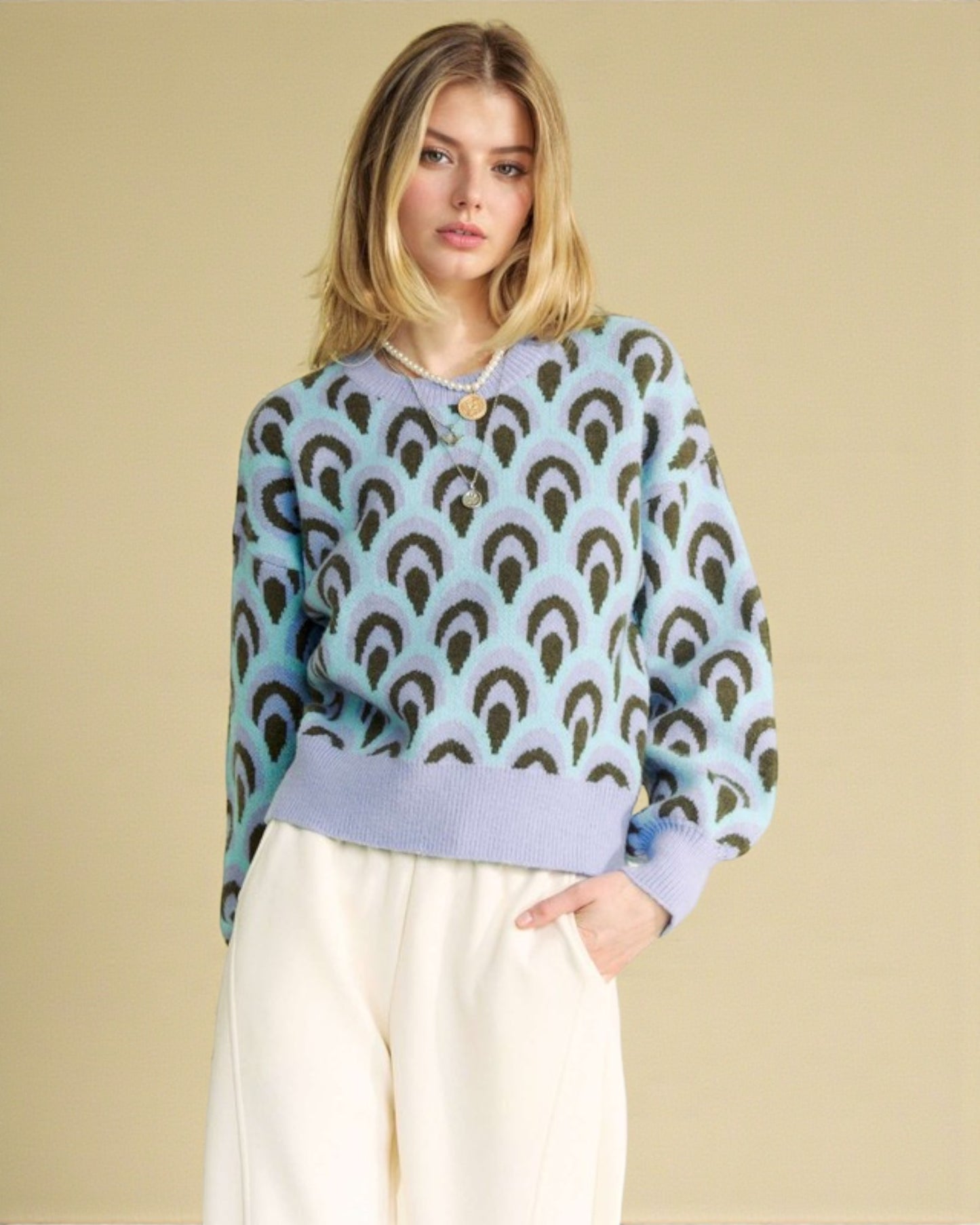 Pastel Blue Printed Relaxed Fit Sweater