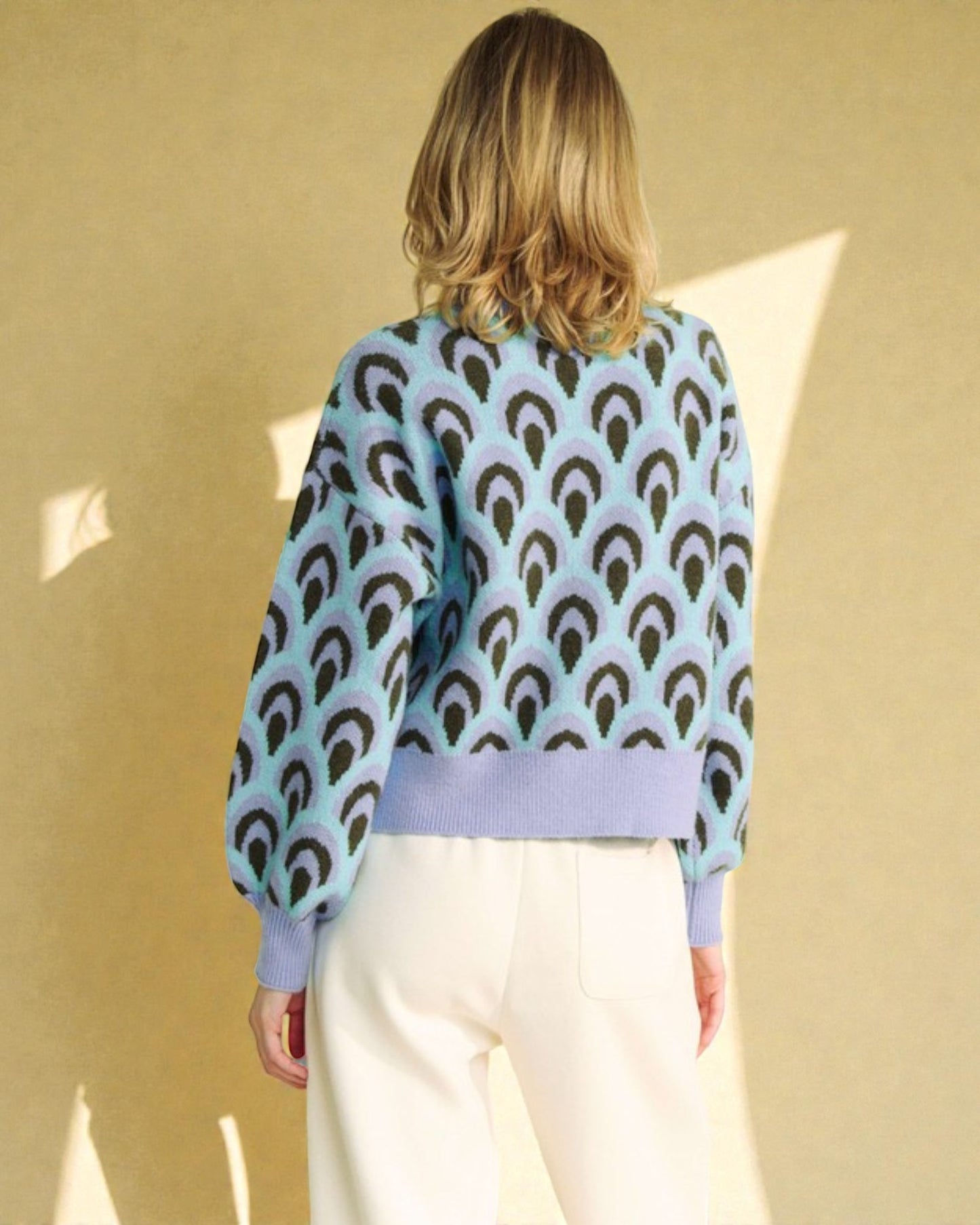 Pastel Blue Printed Relaxed Fit Sweater