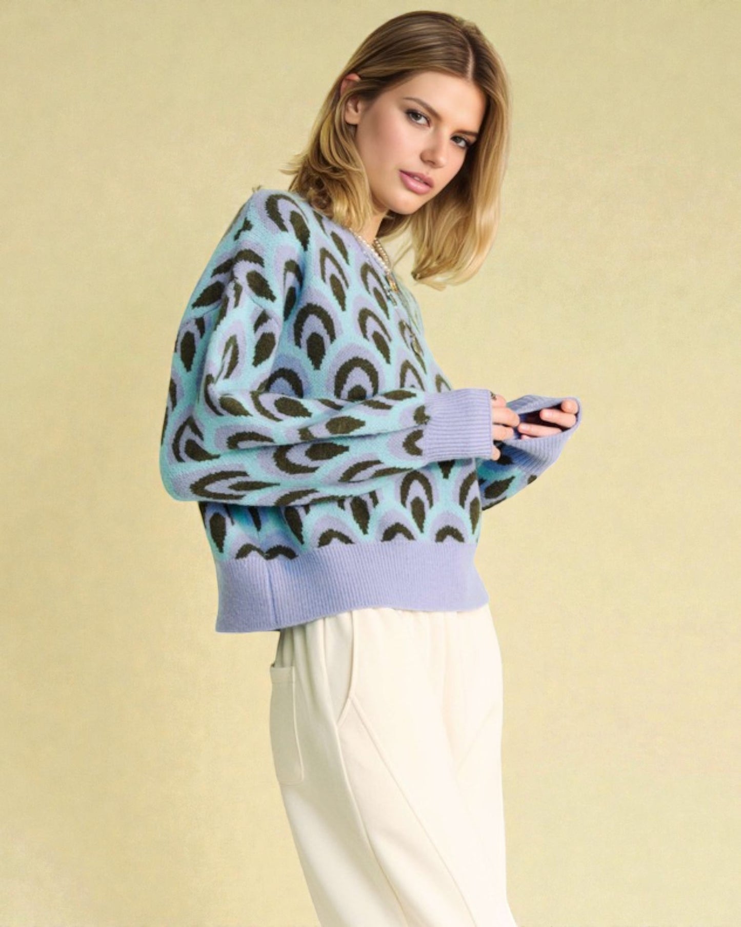 Pastel Blue Printed Relaxed Fit Sweater