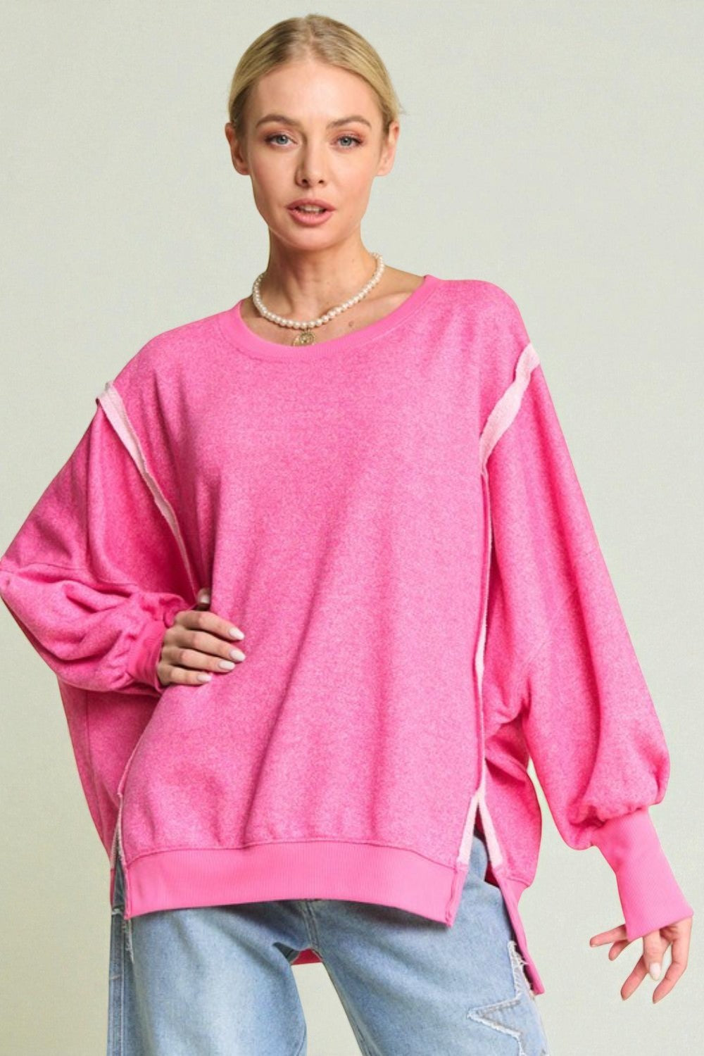 Hot Pink Contrast Stitch Oversized Sweatshirt