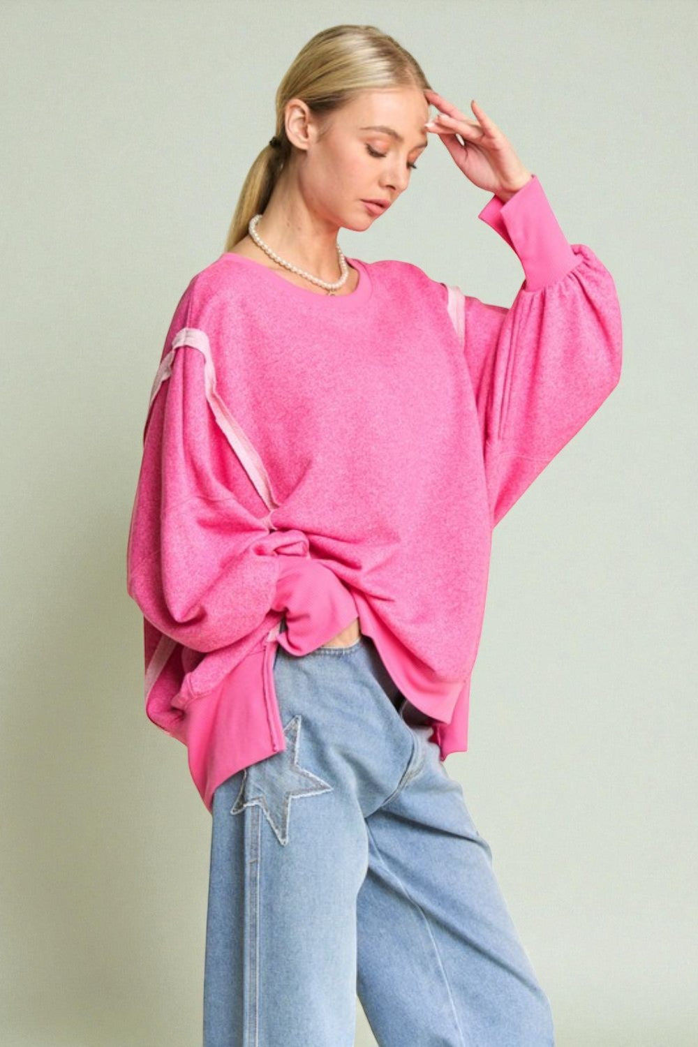 Hot Pink Contrast Stitch Oversized Sweatshirt