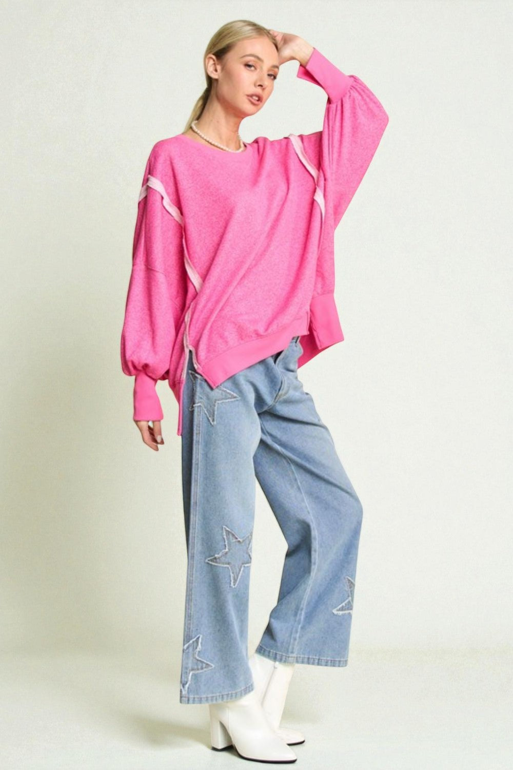 Hot Pink Contrast Stitch Oversized Sweatshirt
