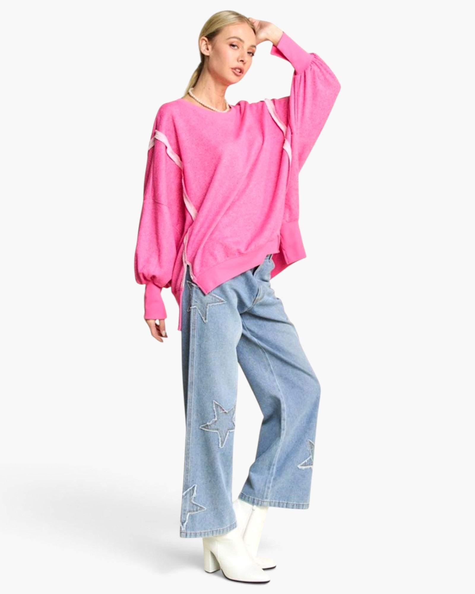 Haut tunique en tricot rose fuchsia à ourlet haut-bas