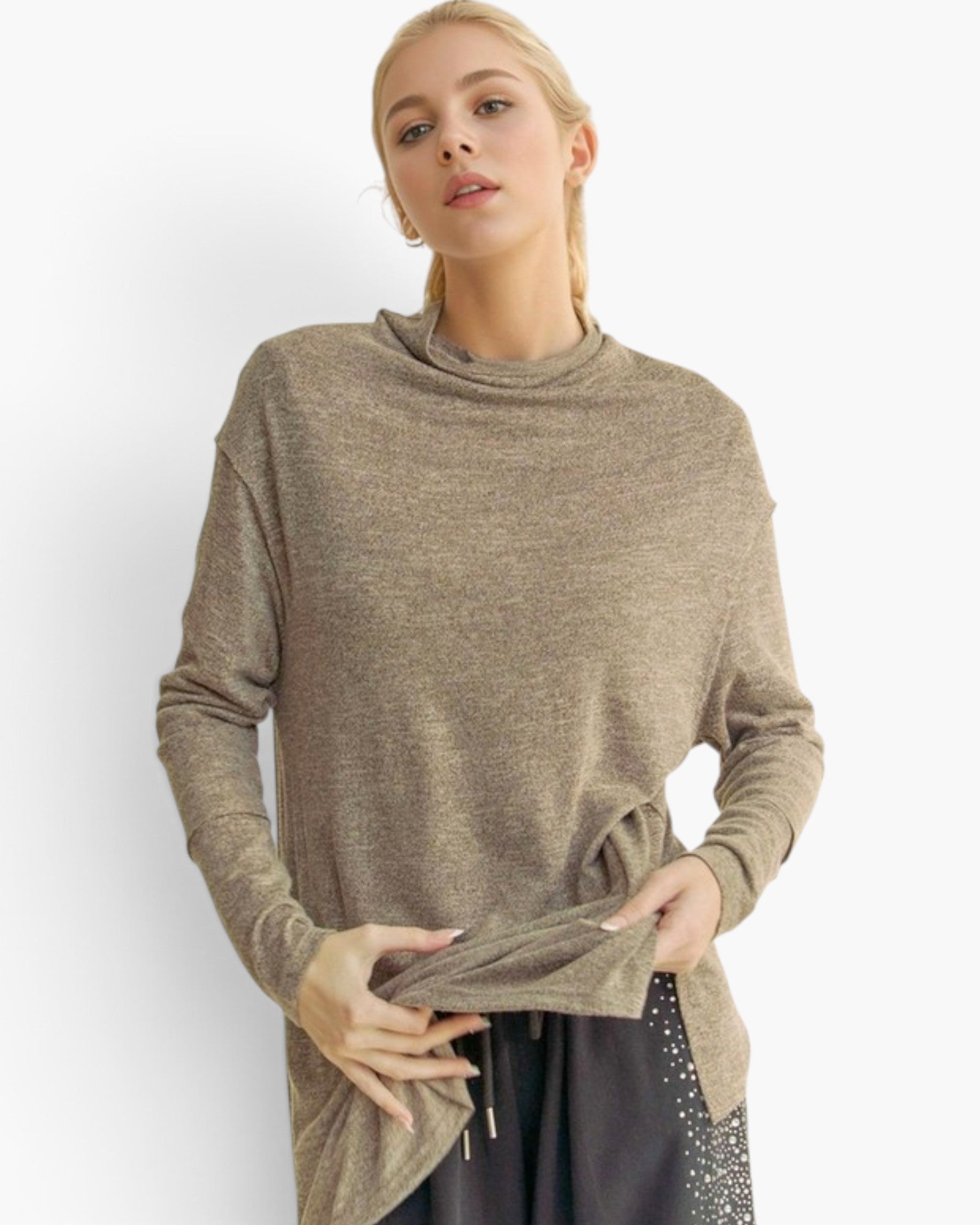 Taupe Brushed Cowl-Neck Tunic