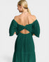 Green off-shoulder dress with cut-out back on a white background