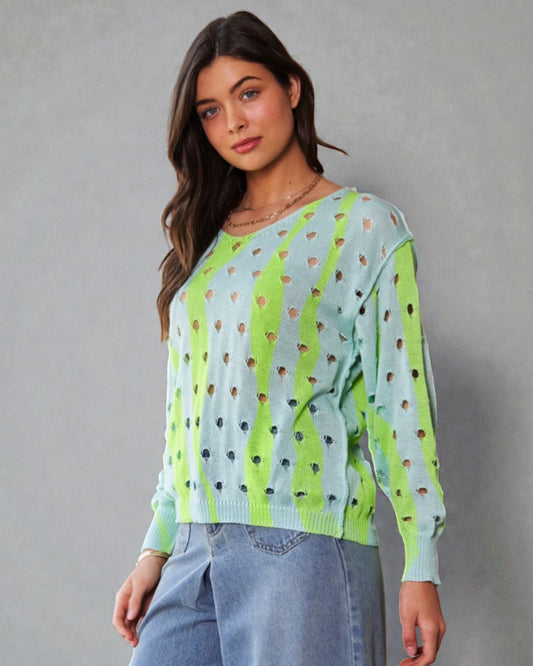 Soft Green Two-Tone Openwork Knit Top