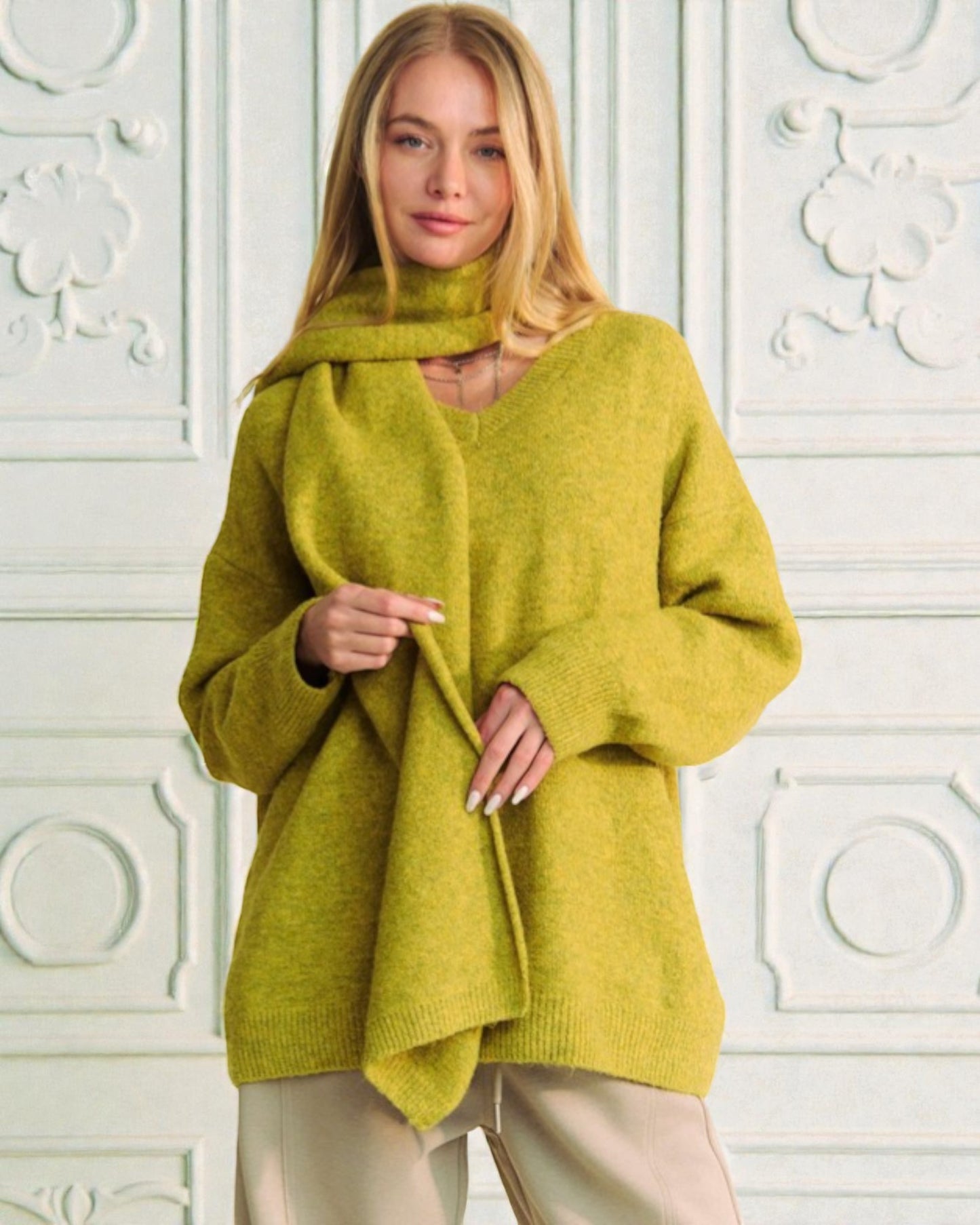 Chartreuse V-Neck Sweater with Matching Scarf