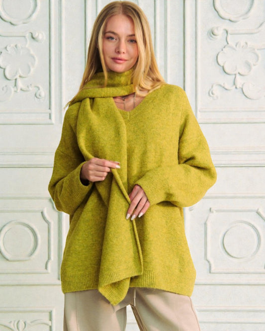 Chartreuse V-Neck Sweater with Matching Scarf