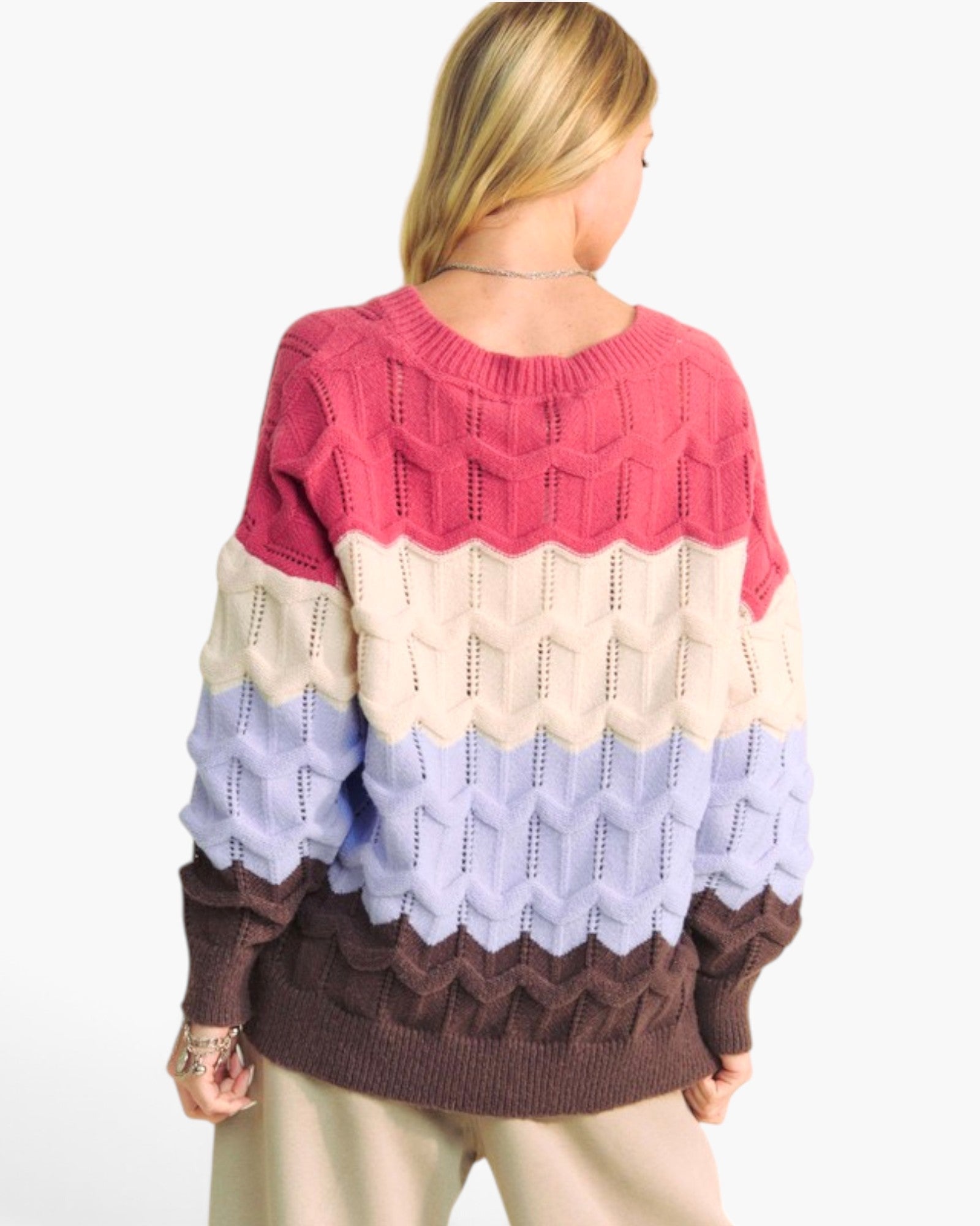 A woman shown from the back wearing a chunky knit sweater with horizontal color-blocked stripes in pink, cream, light blue, and dark brown, paired with beige pants against a plain white background.
