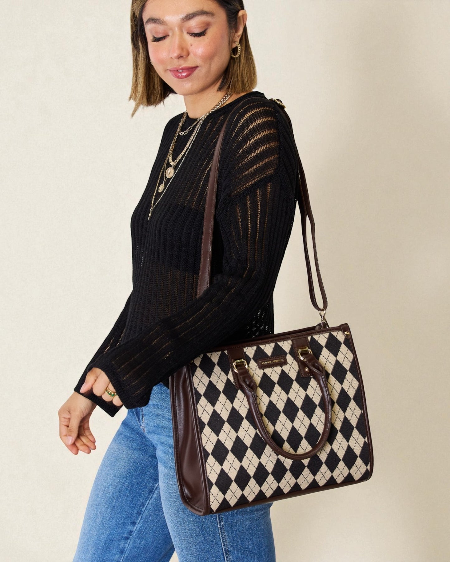 Vegan Leather Argyle Tote Handbag