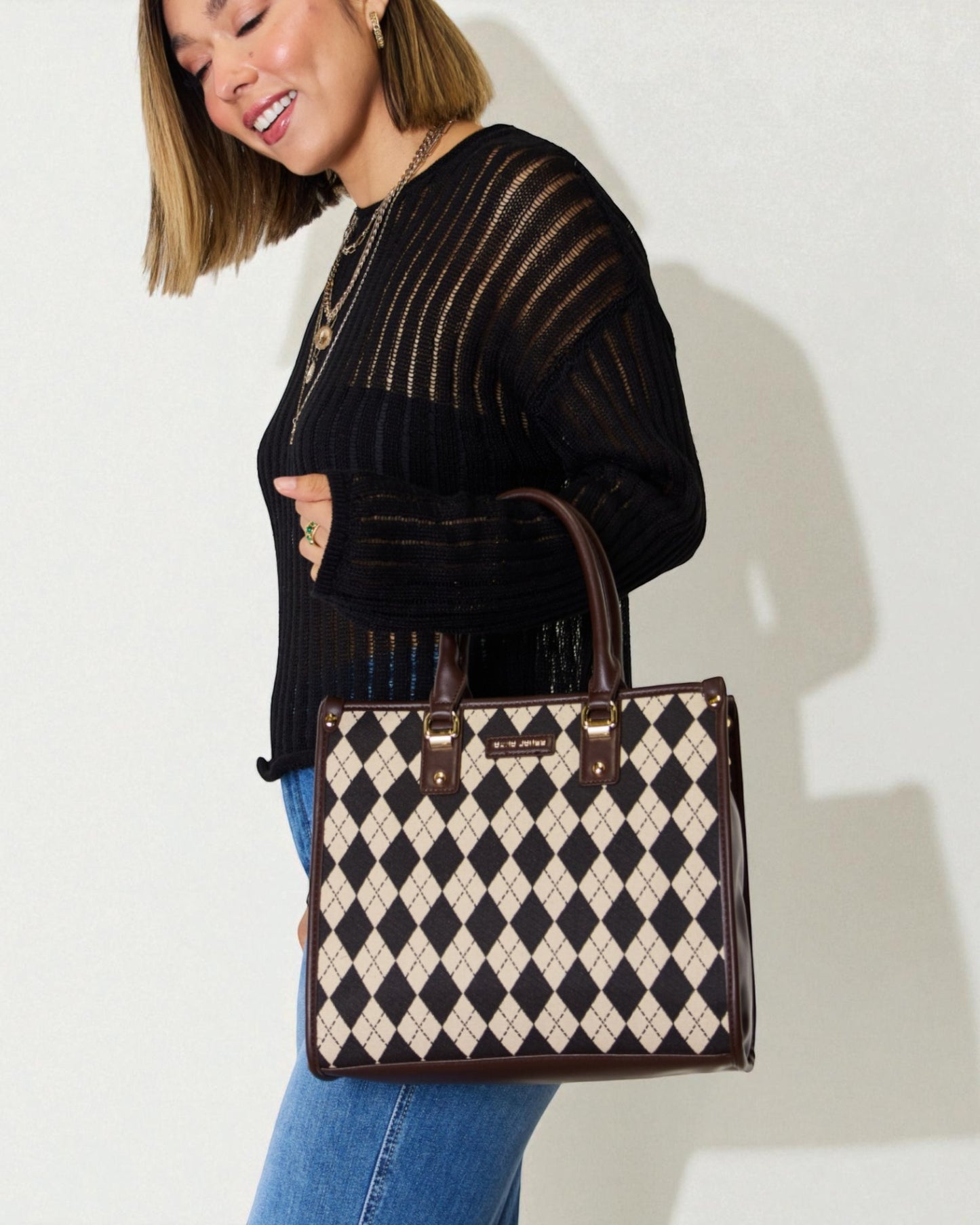 Vegan Leather Argyle Tote Handbag