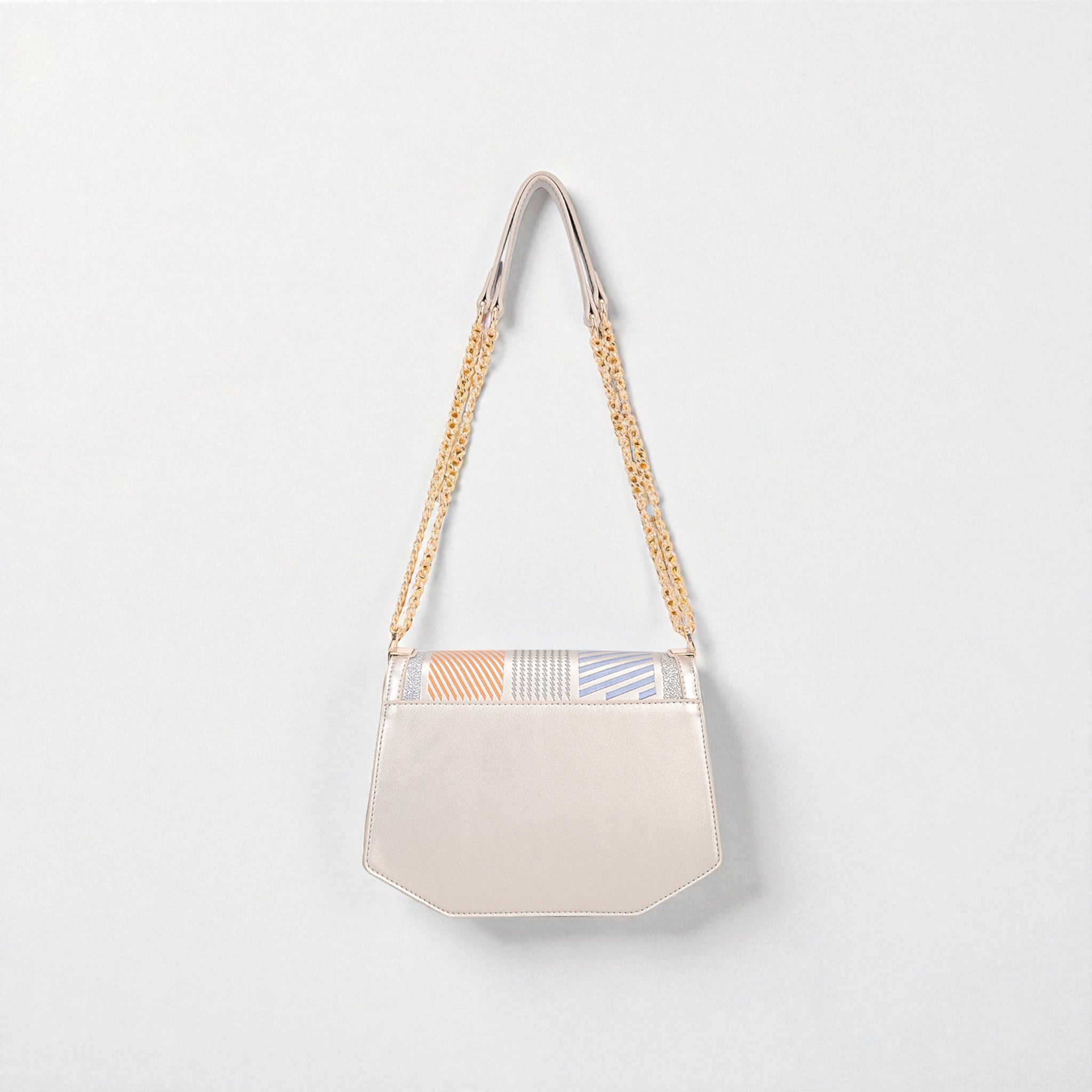 Beige handbag with a chain strap on a light gray background